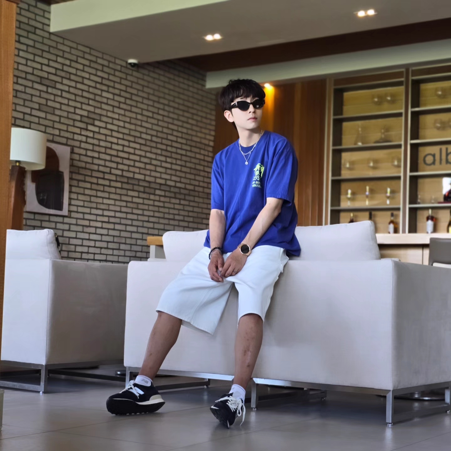 Stussy x Our Legacy Surfman Pigment Dyed T-Shirt Blueberry, New Balance x Pottery 574 Premium Hard Navy 착용 스타일 - 8