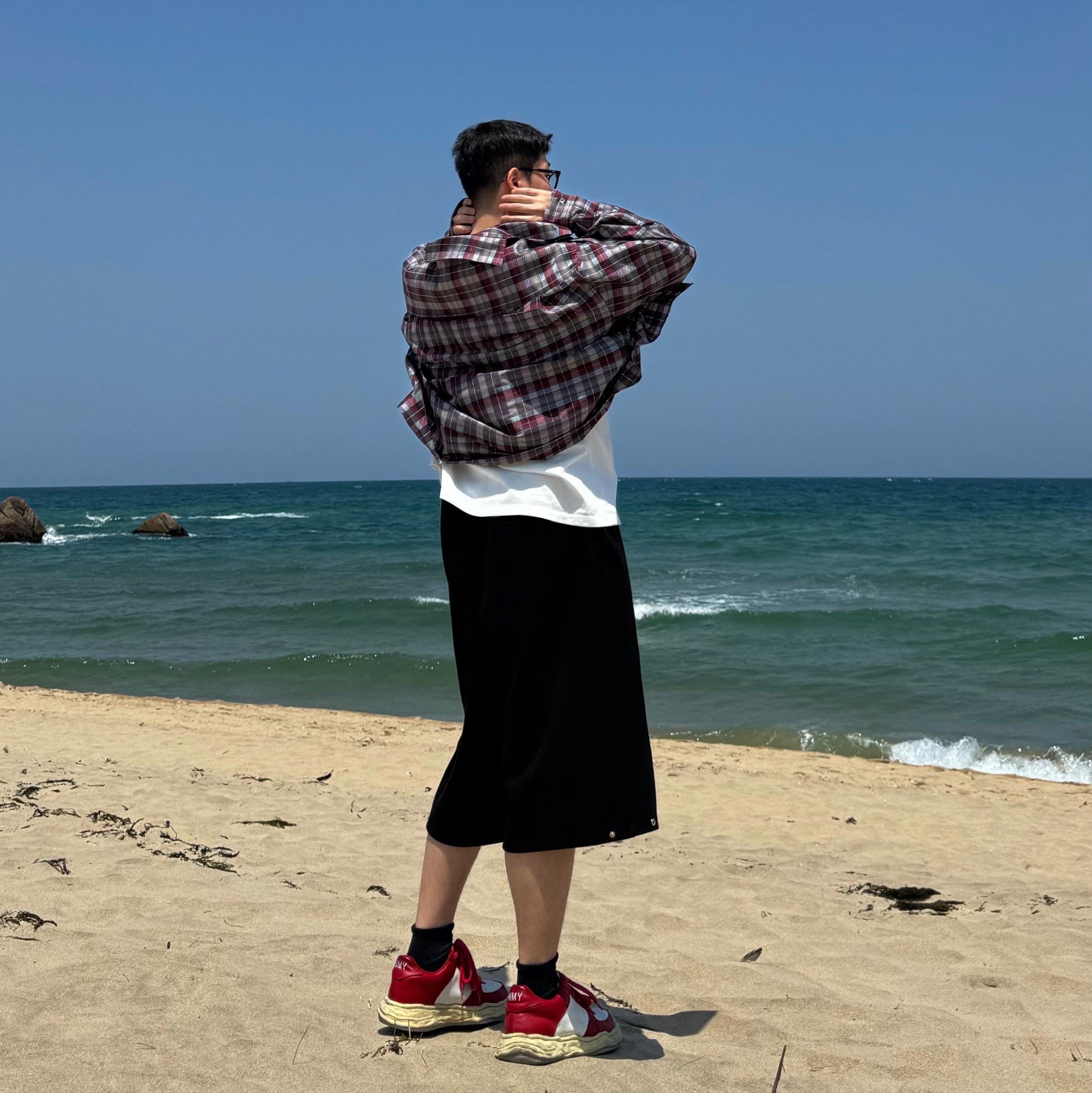 Nonnod Flexible String Check Shirts Wine, Maison Mihara Yasuhiro Wayne VL OG Sole Leather Low-top Sneakers White Red 착용 스타일 - 2