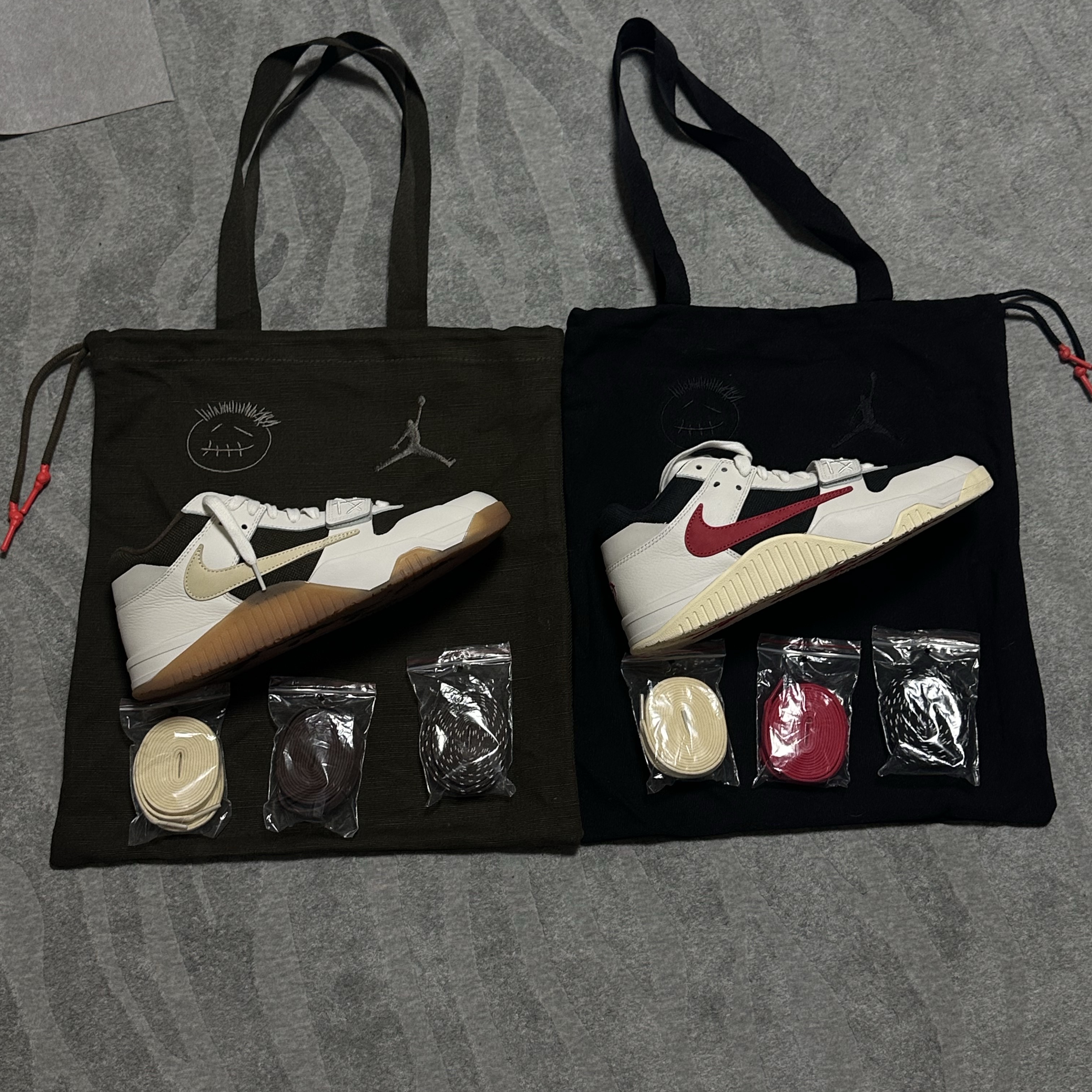 Jordan x Travis Scott Jumpman Jack TR University Red, Jordan x Travis Scott Jumpman Jack TR Sail and Dark Mocha 착용 스타일