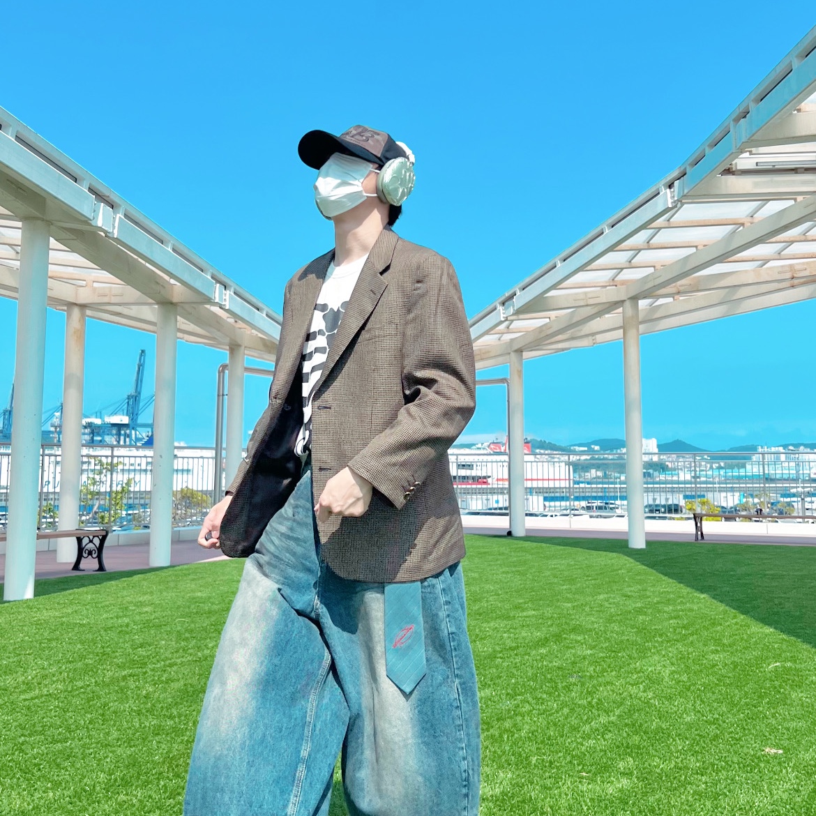 Problemallways Logo Stripe Tie Blue, ETCE Ghost Cap Washed Camo 착용 스타일 - 6
