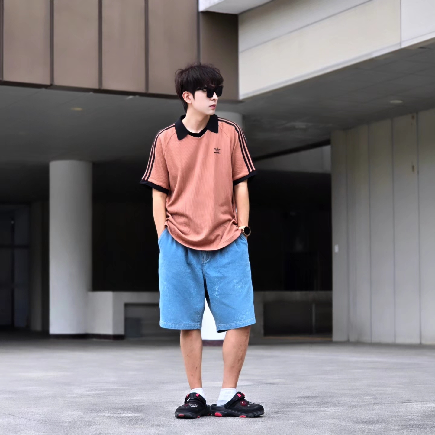 Adidas Adicolor Classics Waffle Polo Shirt Clay Strata - KR Sizing, Adidas Adicolor Classics Waffle Polo Shirt Clay Strata - US Sizing 착용 스타일 - 5