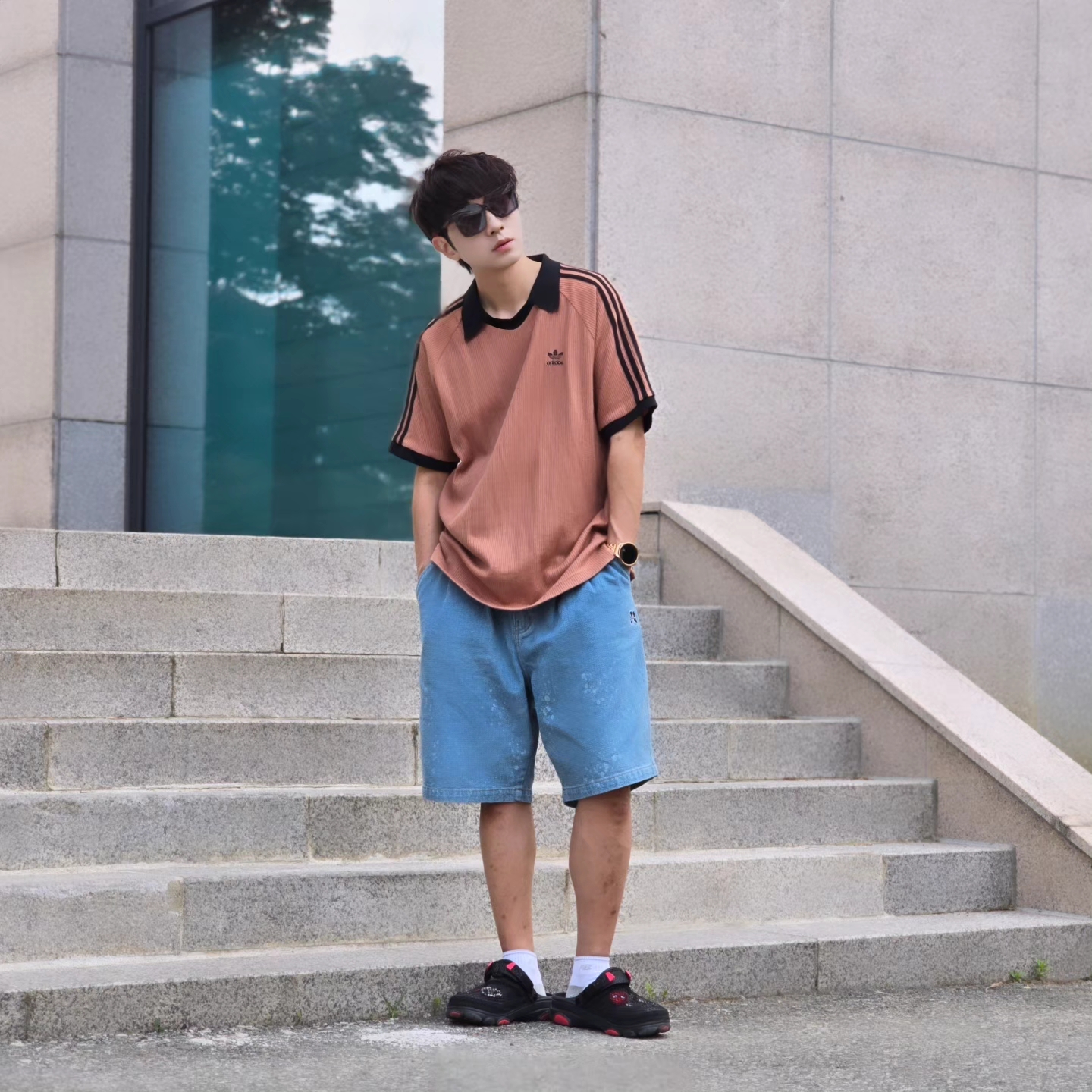 Adidas Adicolor Classics Waffle Polo Shirt Clay Strata - KR Sizing, Adidas Adicolor Classics Waffle Polo Shirt Clay Strata - US Sizing 착용 스타일 - 10