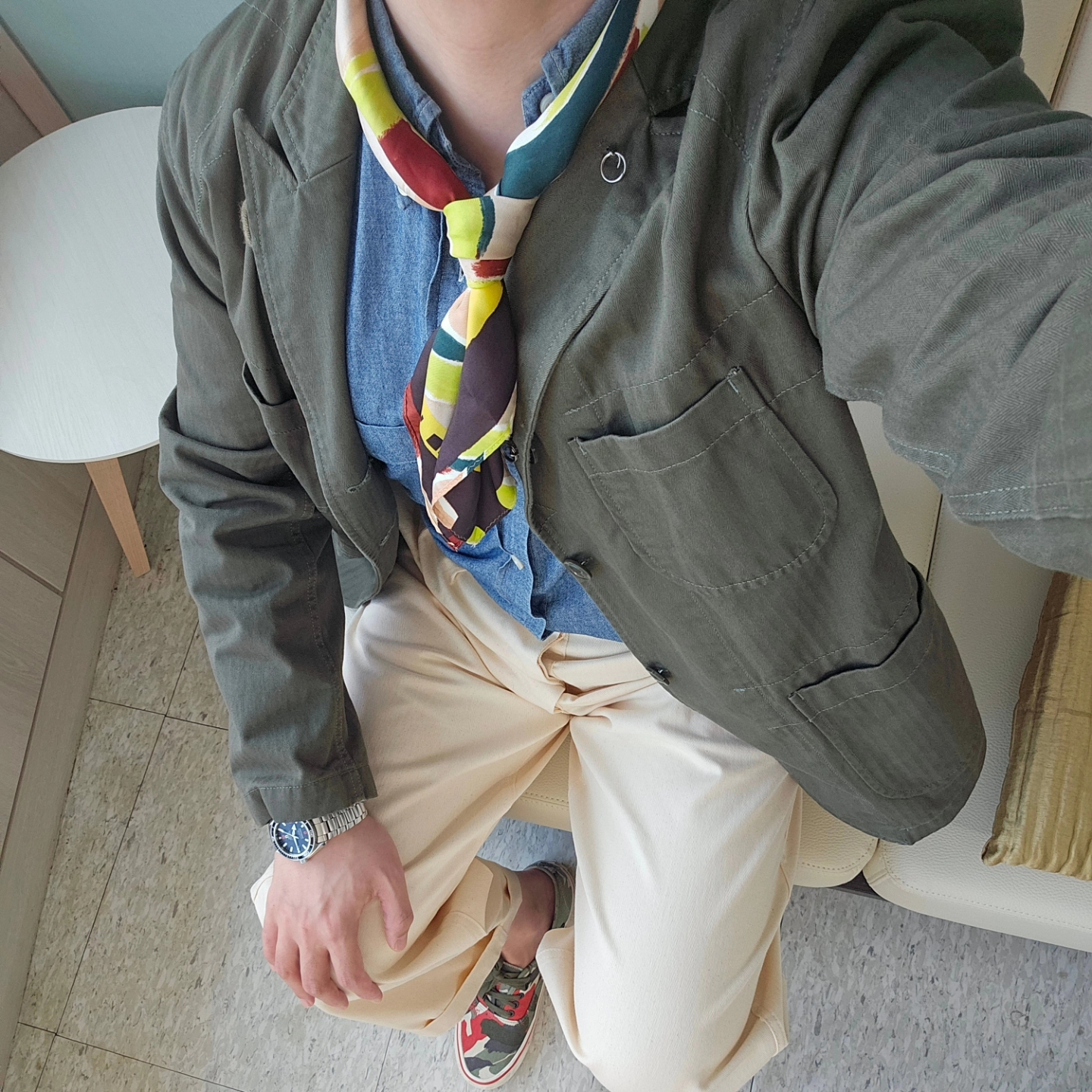 Vans Vault x Nigel Cabourn OG Authentic LX Army Green Camo, Engineered Garments Ripstop Bedford Jacket Olive 착용 스타일 - 4