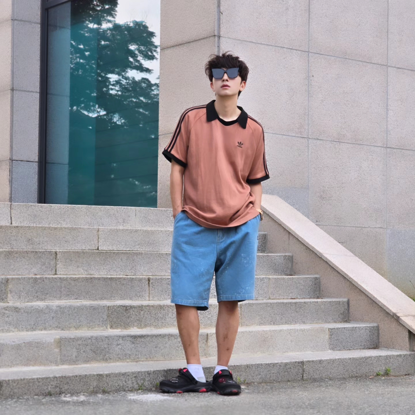 Adidas Adicolor Classics Waffle Polo Shirt Clay Strata - KR Sizing, Adidas Adicolor Classics Waffle Polo Shirt Clay Strata - US Sizing 착용 스타일 - 8