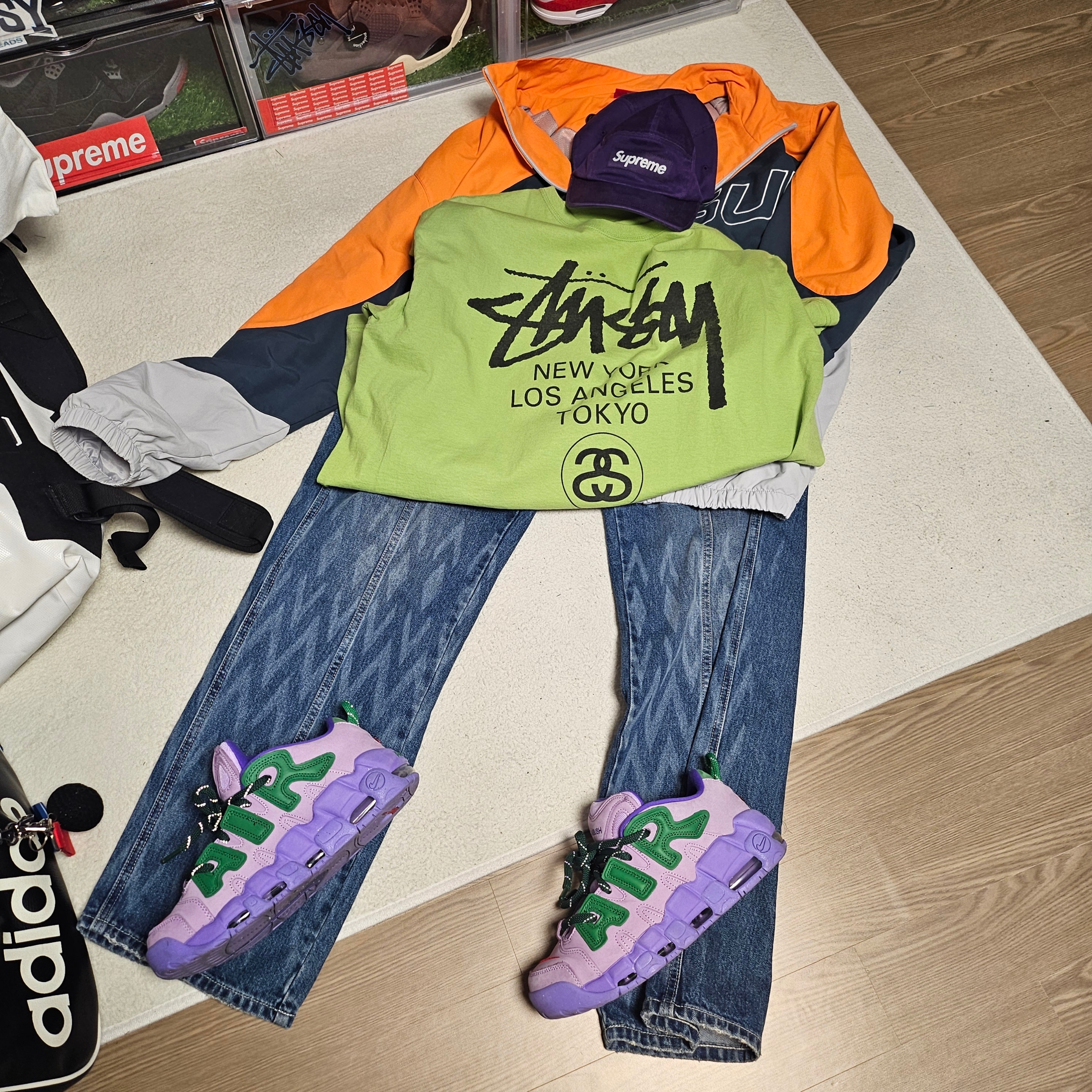 Supreme Washed Chino Twill Camp Cap Purple - 24SS, Nike x Ambush Air More Uptempo Low Lilac and Apple Green 착용 스타일 - 4