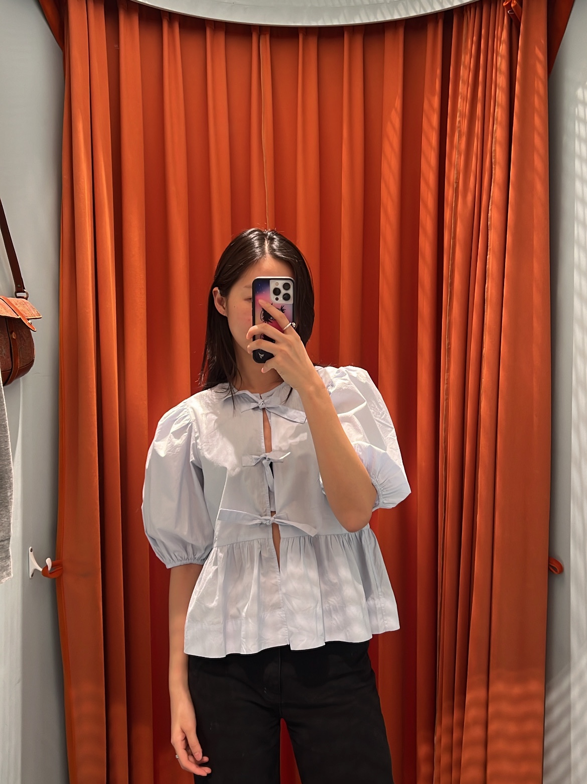 (W) Ganni Light Cotton Poplin Peplum Blouse Heather 착용 스타일