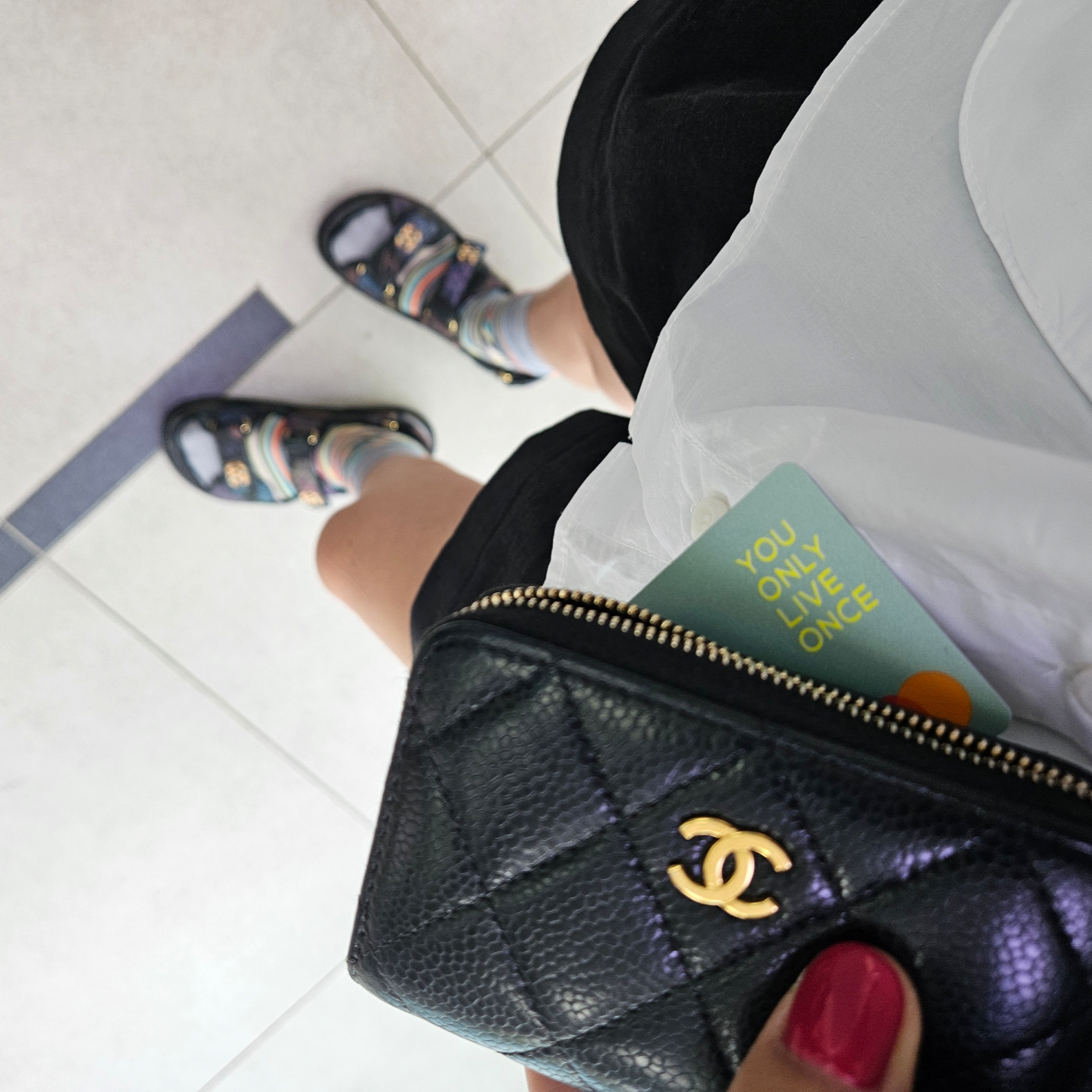 Chanel Classic Zipped Coin Purse Grained Calfskin & Gold Black, Human Made Heart Pattern Socks Navy 착용 스타일 - 1