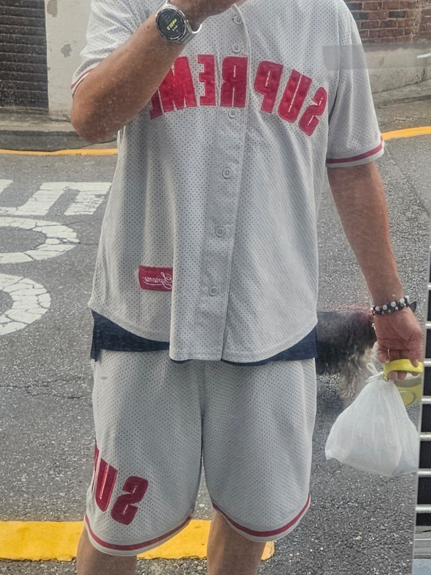 Supreme Ultrasuede Mesh Baseball Jersey Grey - 24SS, Supreme Ultrasuede Mesh Short Grey - 24SS 착용 스타일 - 6