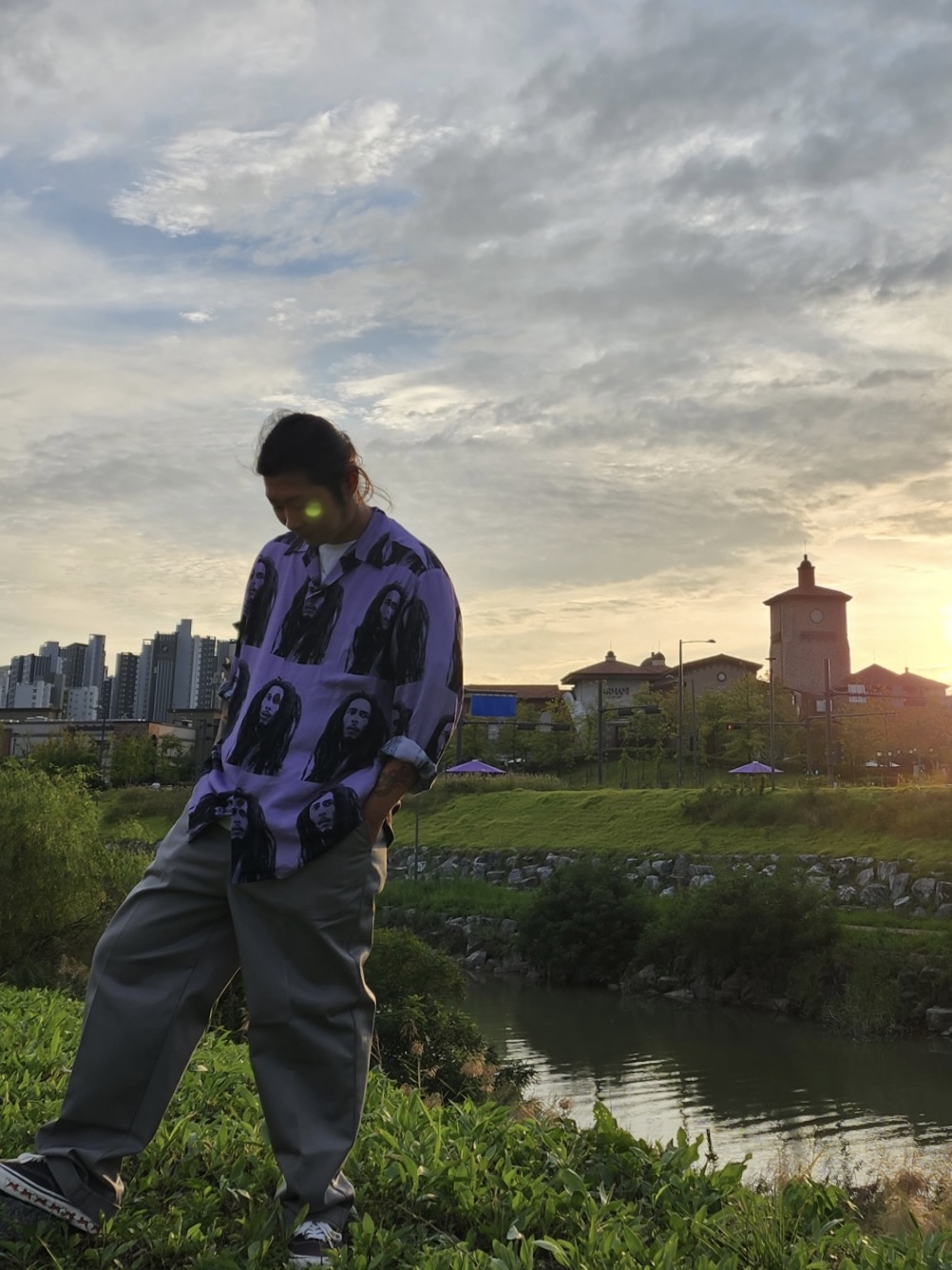 Kapital 2 Tone Big Fleece Sweatshirt Black Purple, South2 West8 Belted C.S. Pant C/N Grosgrain Green 착용 스타일 - 3