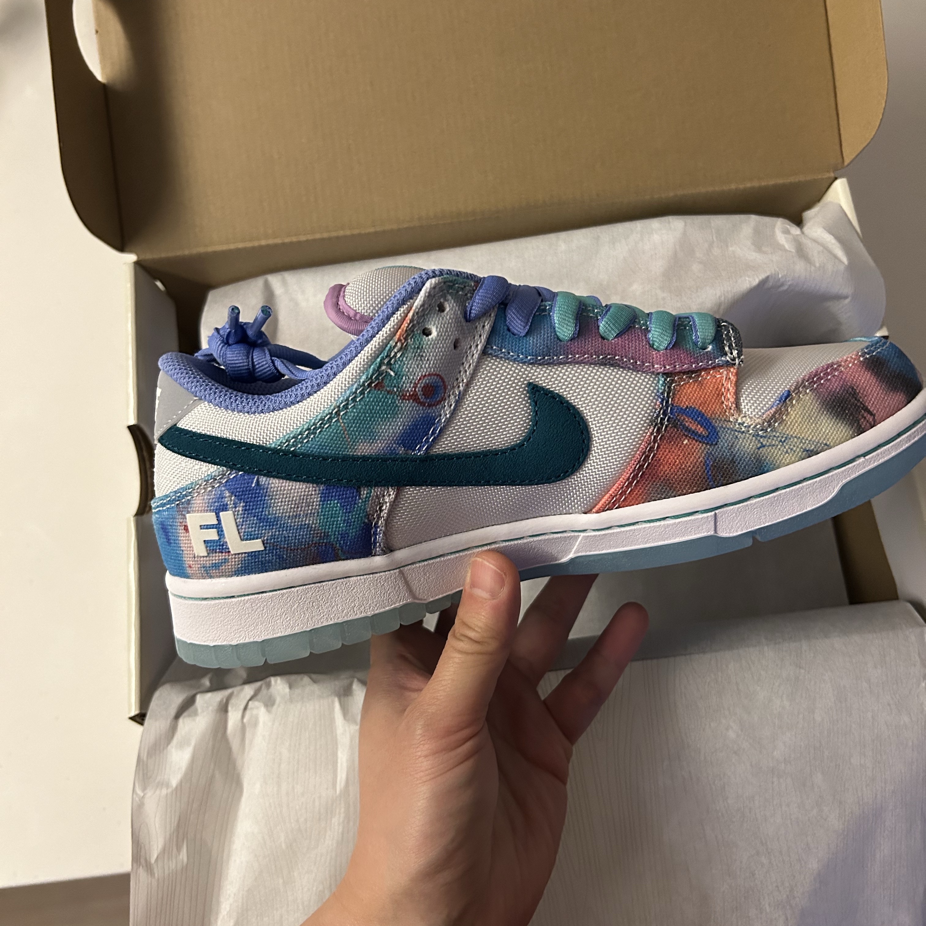 Nike x Futura Laboratories SB Dunk Low OG QS White and Geode Teal 착용 스타일