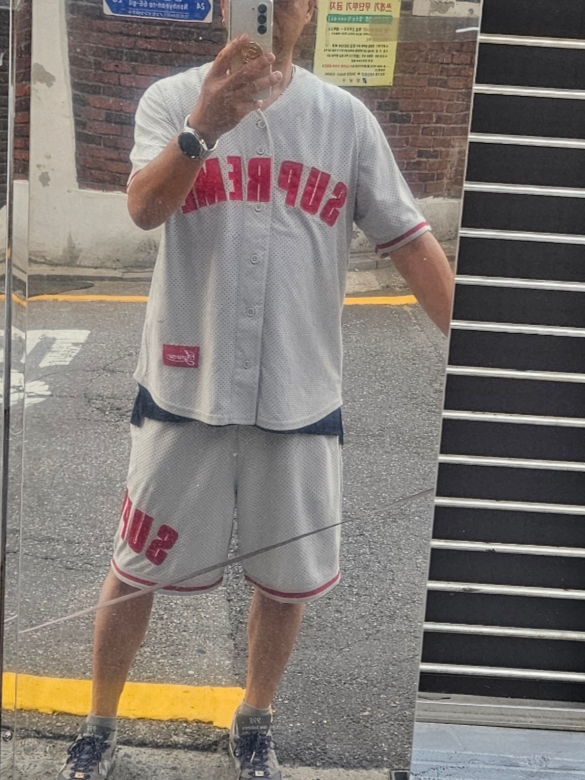 Supreme Ultrasuede Mesh Baseball Jersey Grey - 24SS, Supreme Ultrasuede Mesh Short Grey - 24SS 착용 스타일 - 4