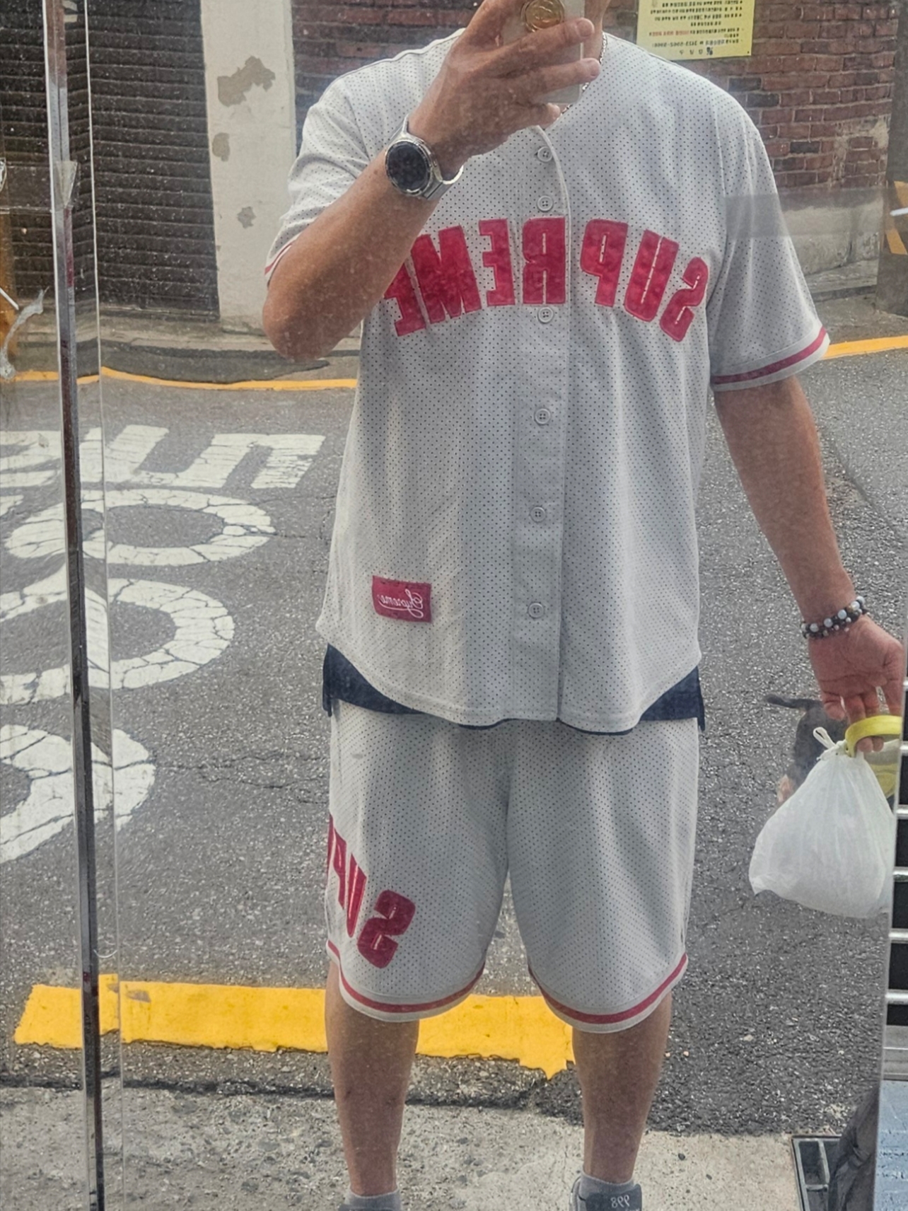 Supreme Ultrasuede Mesh Baseball Jersey Grey - 24SS, Supreme Ultrasuede Mesh Short Grey - 24SS 착용 스타일 - 8