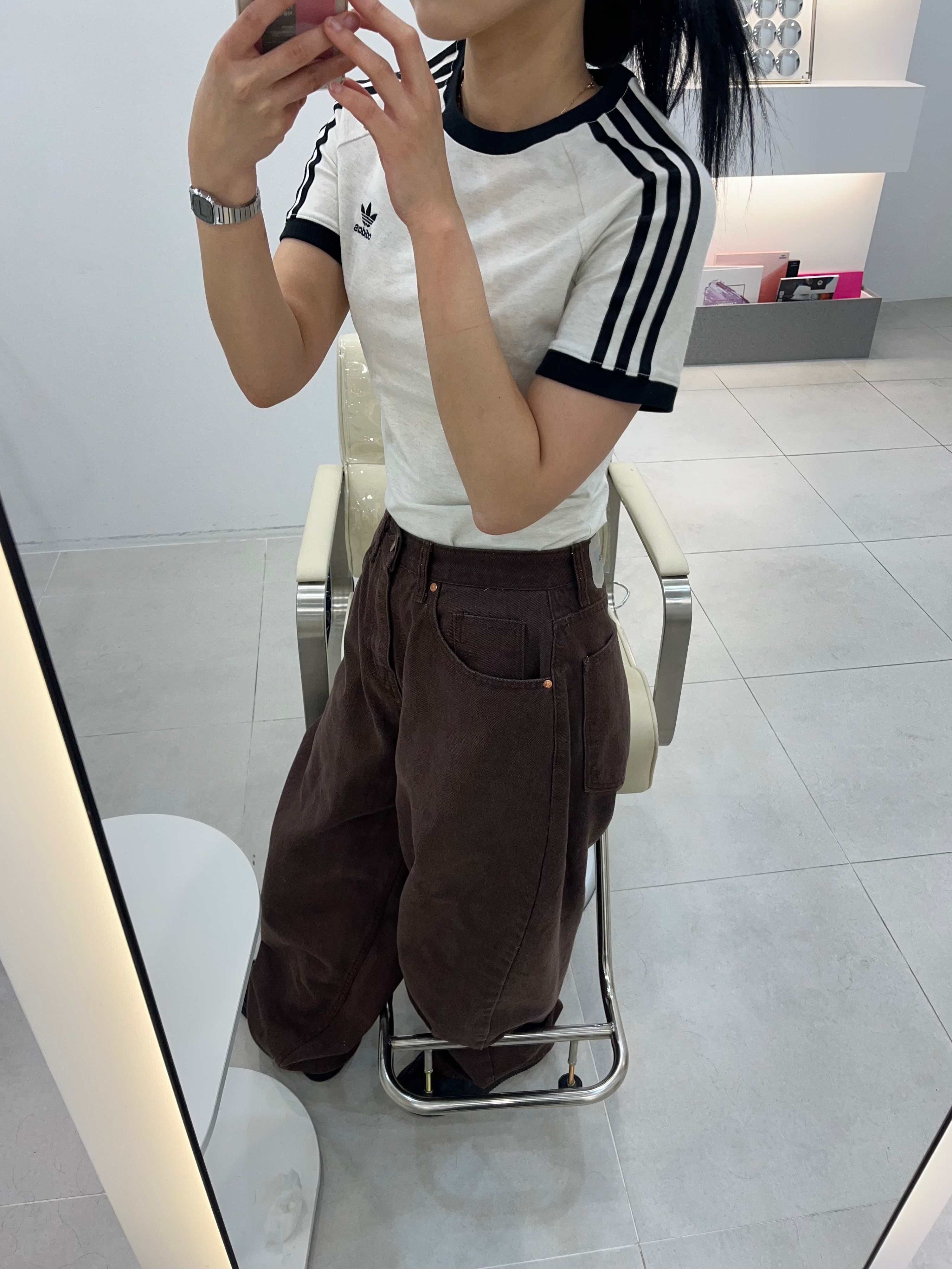 (W) Adidas 3-Stripes Slim Raglan T-Shirt White Melange - KR Sizing 착용 스타일 - 1