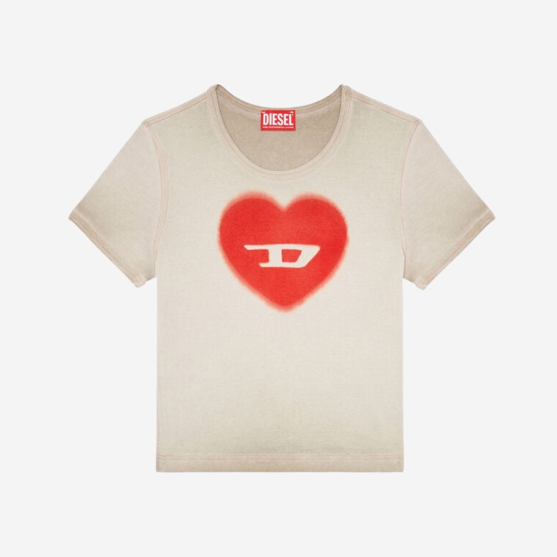 (W) Diesel T-Ele Ribbed T-Shirt with Watercolour Heart D Beige 상세 이미지 1