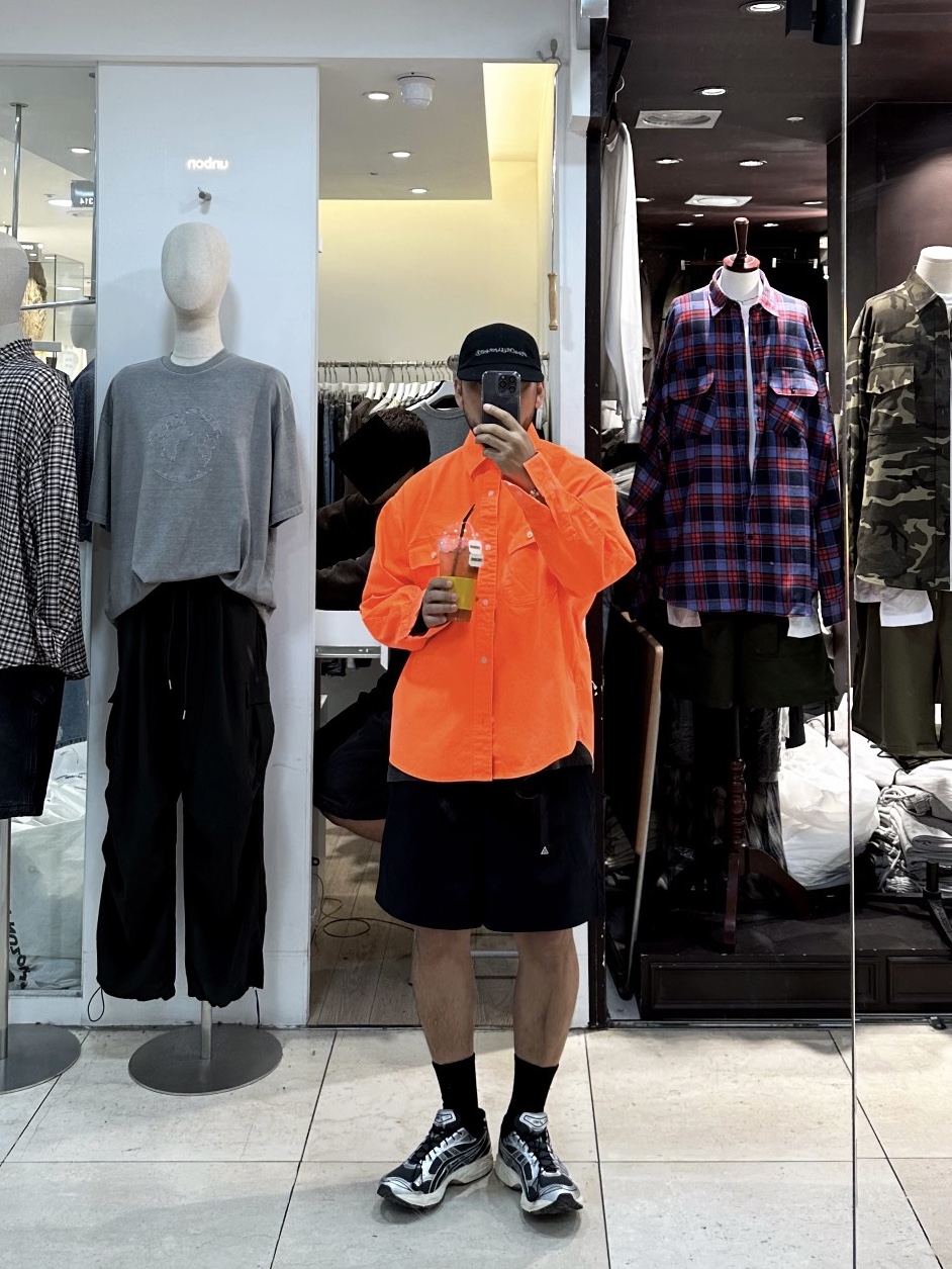Human Made Twill Work Shirt Orange, Nike ACG Hiking Shorts Black - Asia 착용 스타일