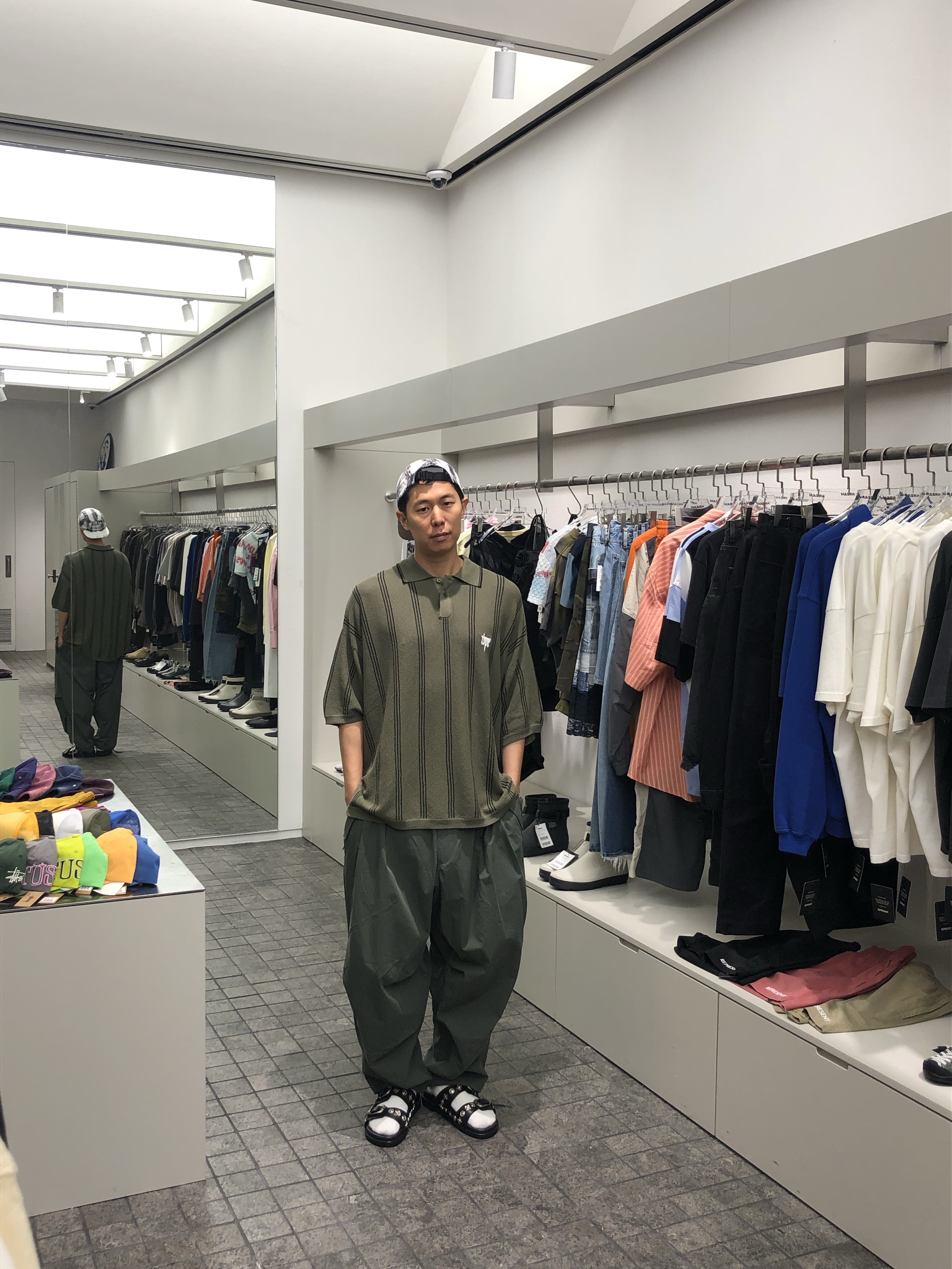 Tightbooth Balloon Pants Olive, Tightbooth Stripe Knit Polo Olive 착용 스타일 - 2