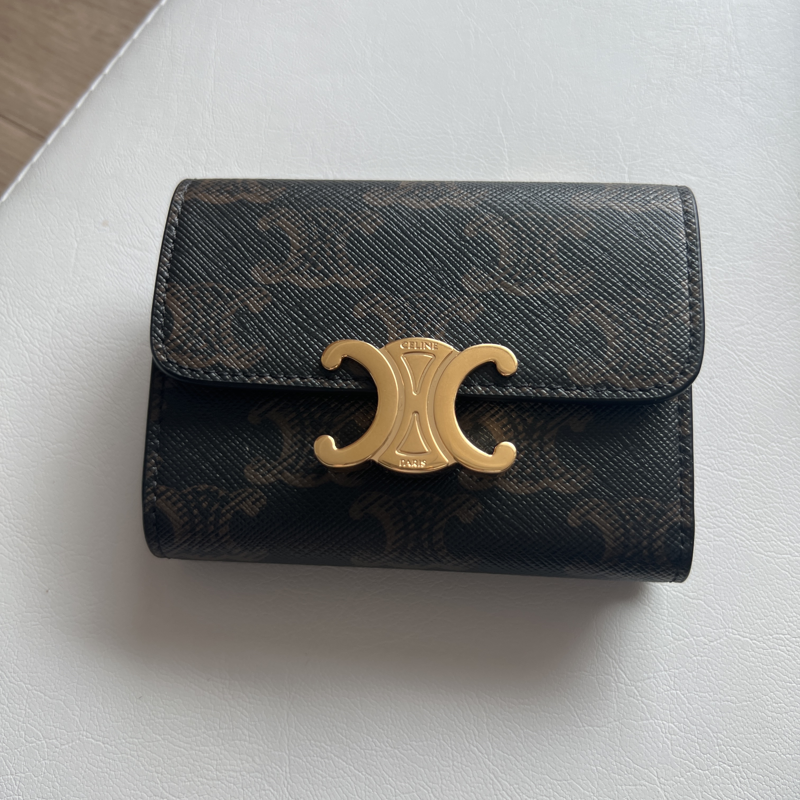 Celine Compact Wallet with Coin in Triomphe Canvas Tan 착용 스타일