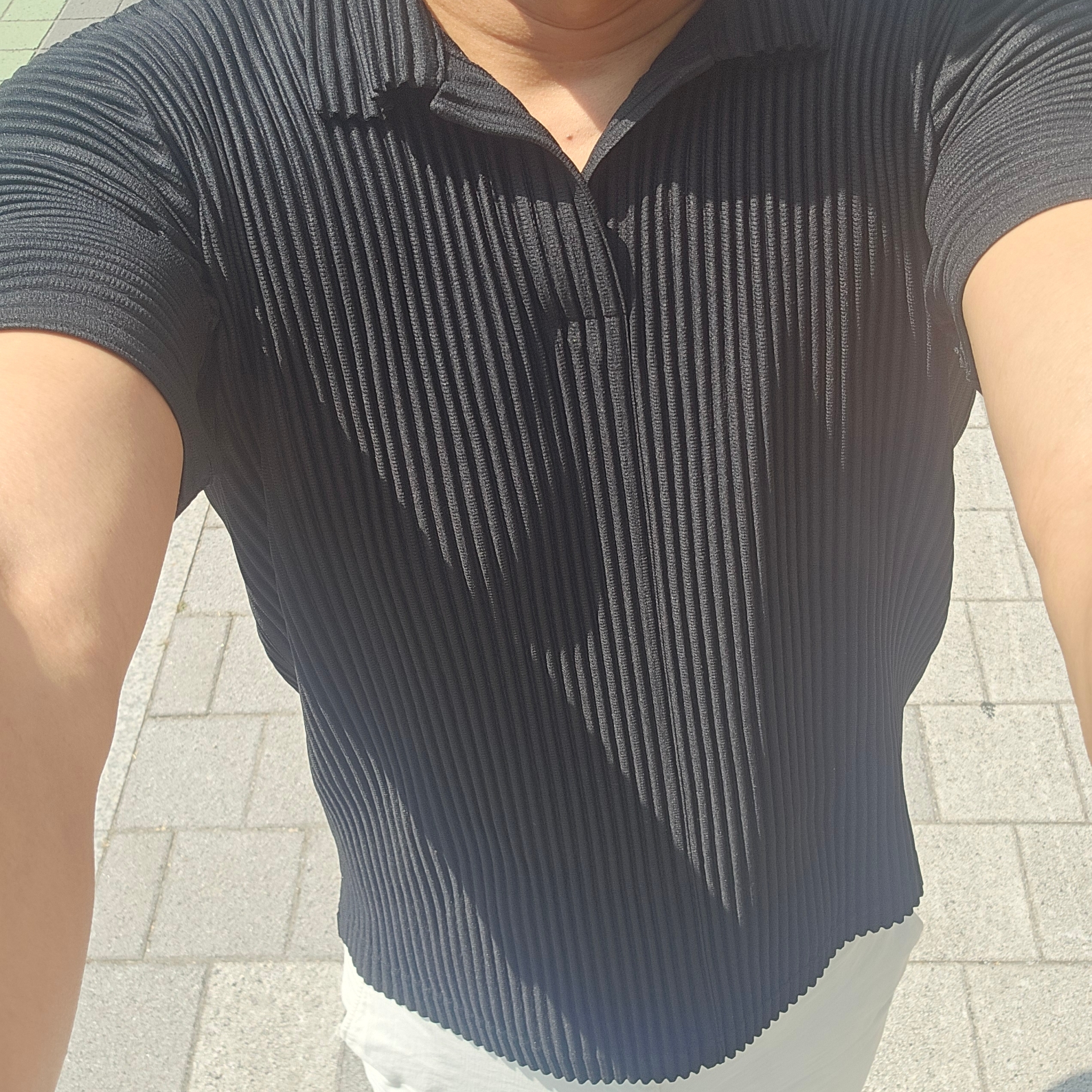 Homme Plisse Issey Miyake Basics Polo Black 착용 스타일