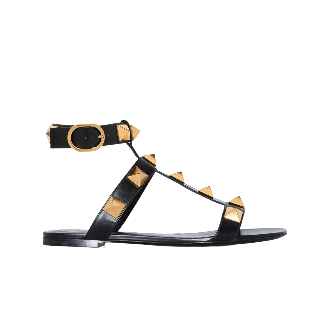 (W) 발렌티노 송아지 가죽 로만 스터드 플랫 샌들 블랙((W) Valentino Roman Stud Flat Calfskin Sandal Black) - 1