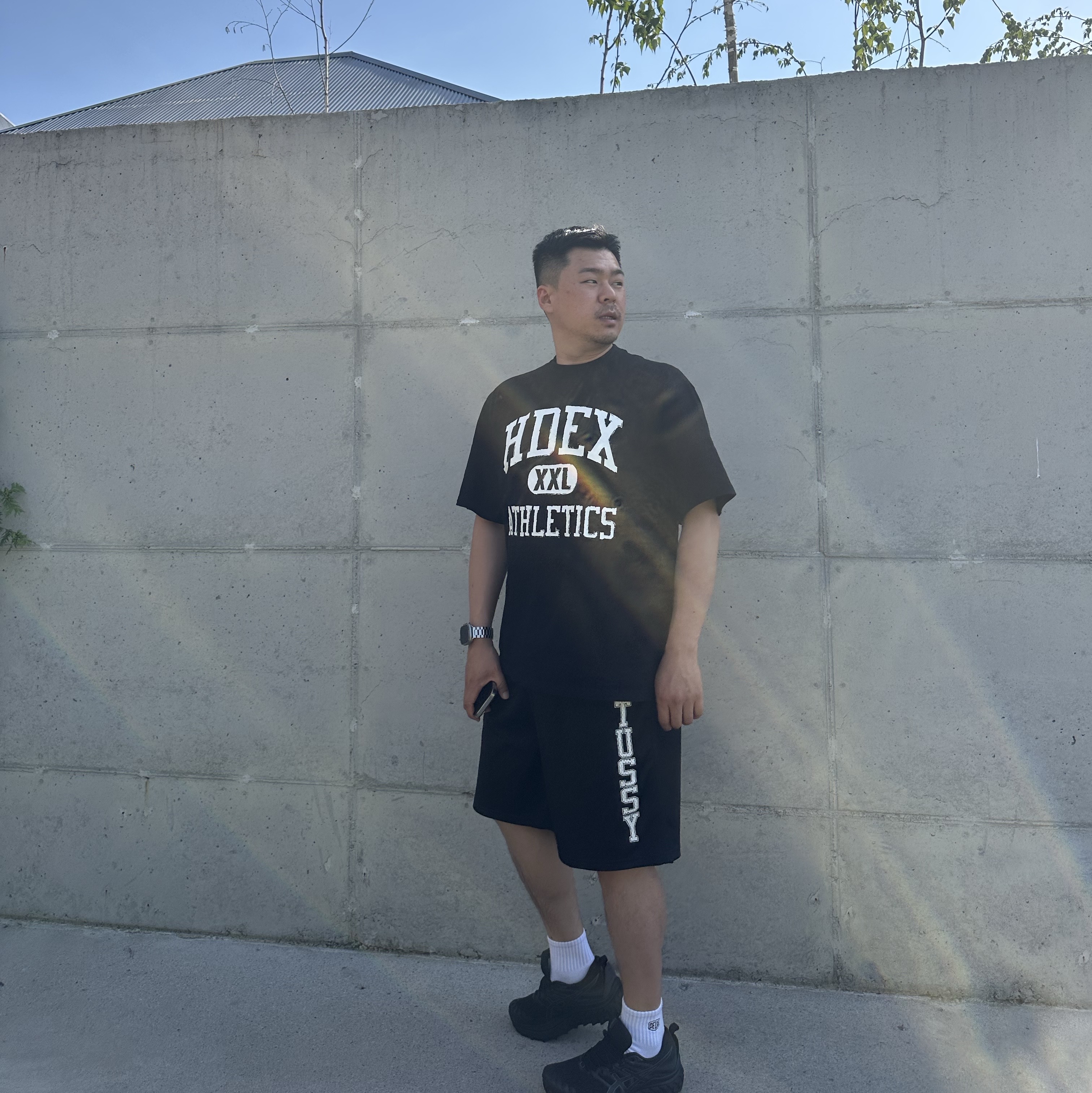 Stussy Collegiate Mesh Shorts Black, Asics Trabuco Max Black 착용 스타일
