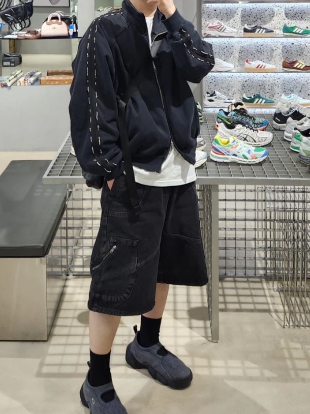 NON FLOOR Fragmants Bermuda Pants Black 착용 스타일