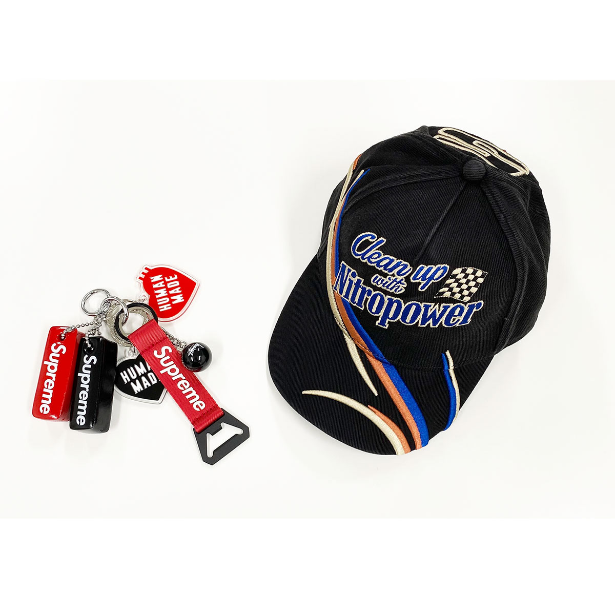 Diesel Baseball Cap with Racing Embroidery Black, Supreme Bottle Opener Webbing Keychain Red - 21FW 착용 스타일