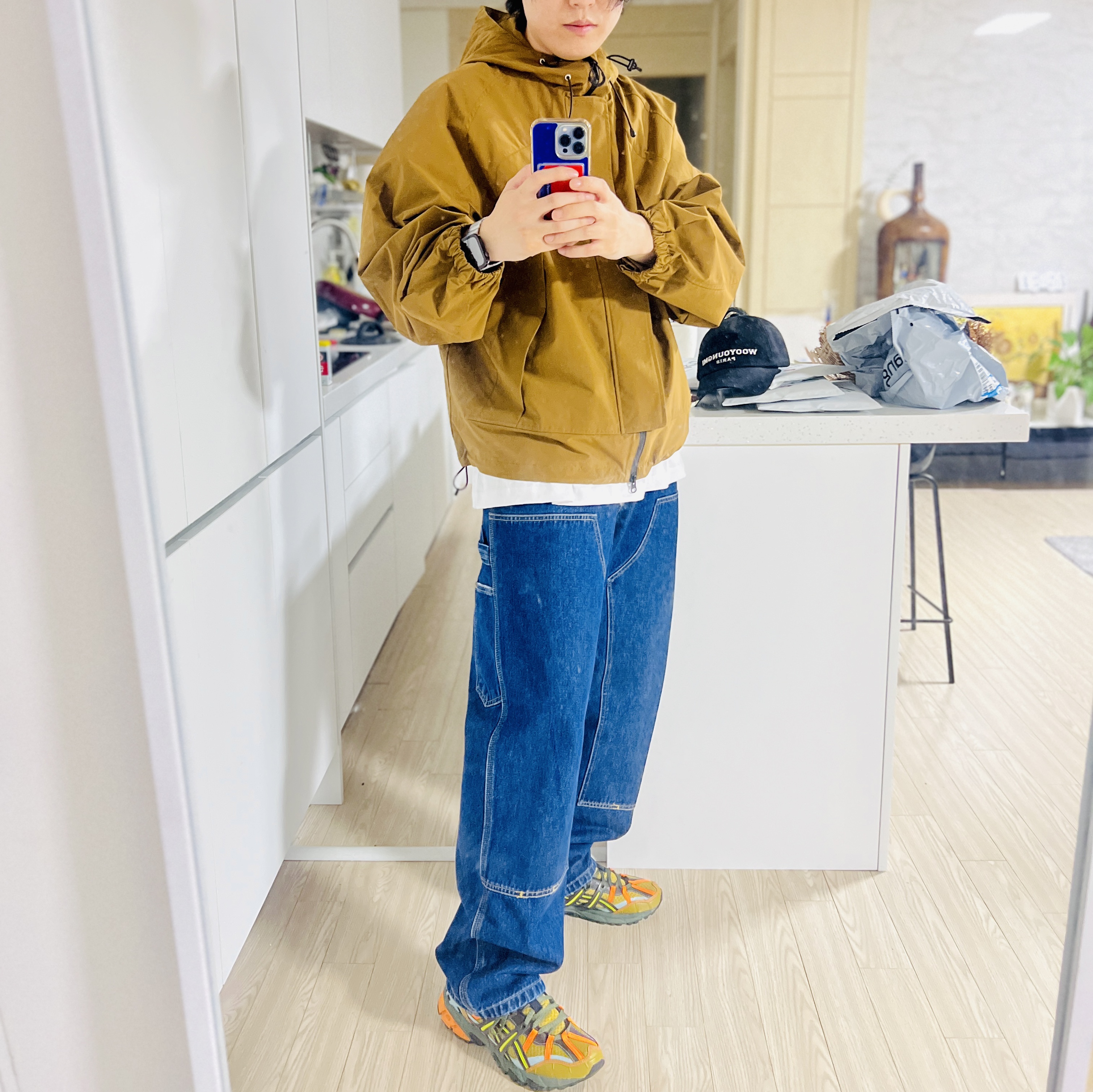Asics x Andersson Bell Gel-Sonoma 15-50 Olive Oil Dark Brown, Carhartt WIP Smith Denim Double Knee Pants Blue Stone Washed 착용 스타일 - 2