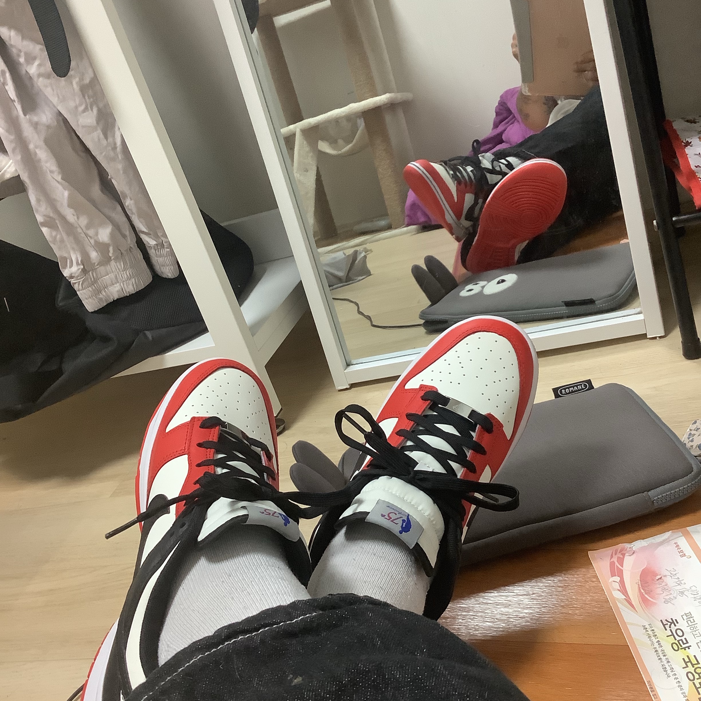 Nike x NBA Dunk Low Retro EMB Black and Chile Red 착용 스타일
