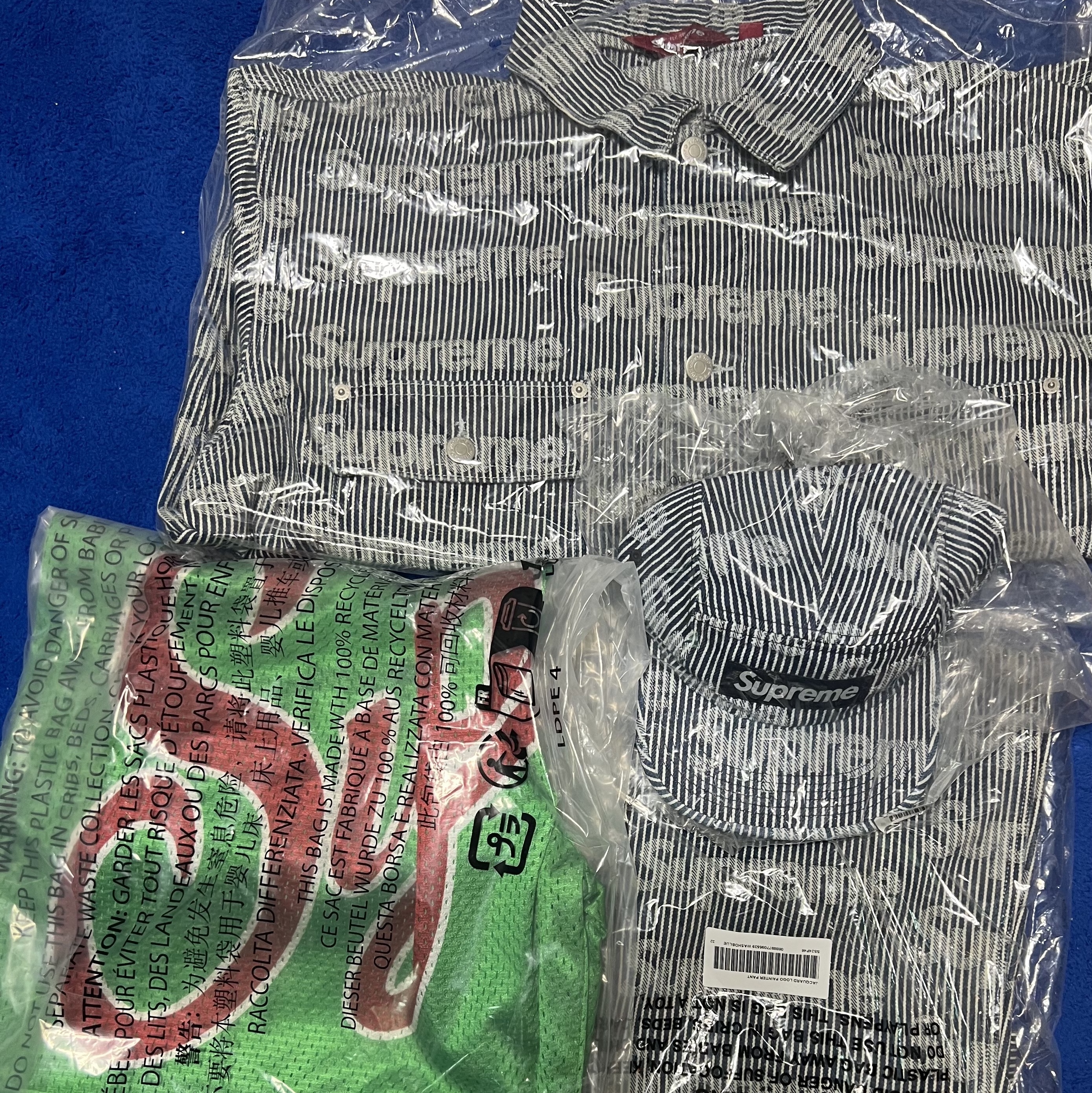 Supreme Denim Chore Trucker Jacket Stripe - 24SS, Supreme Denim Painter Pants Stripe - 24SS 착용 스타일