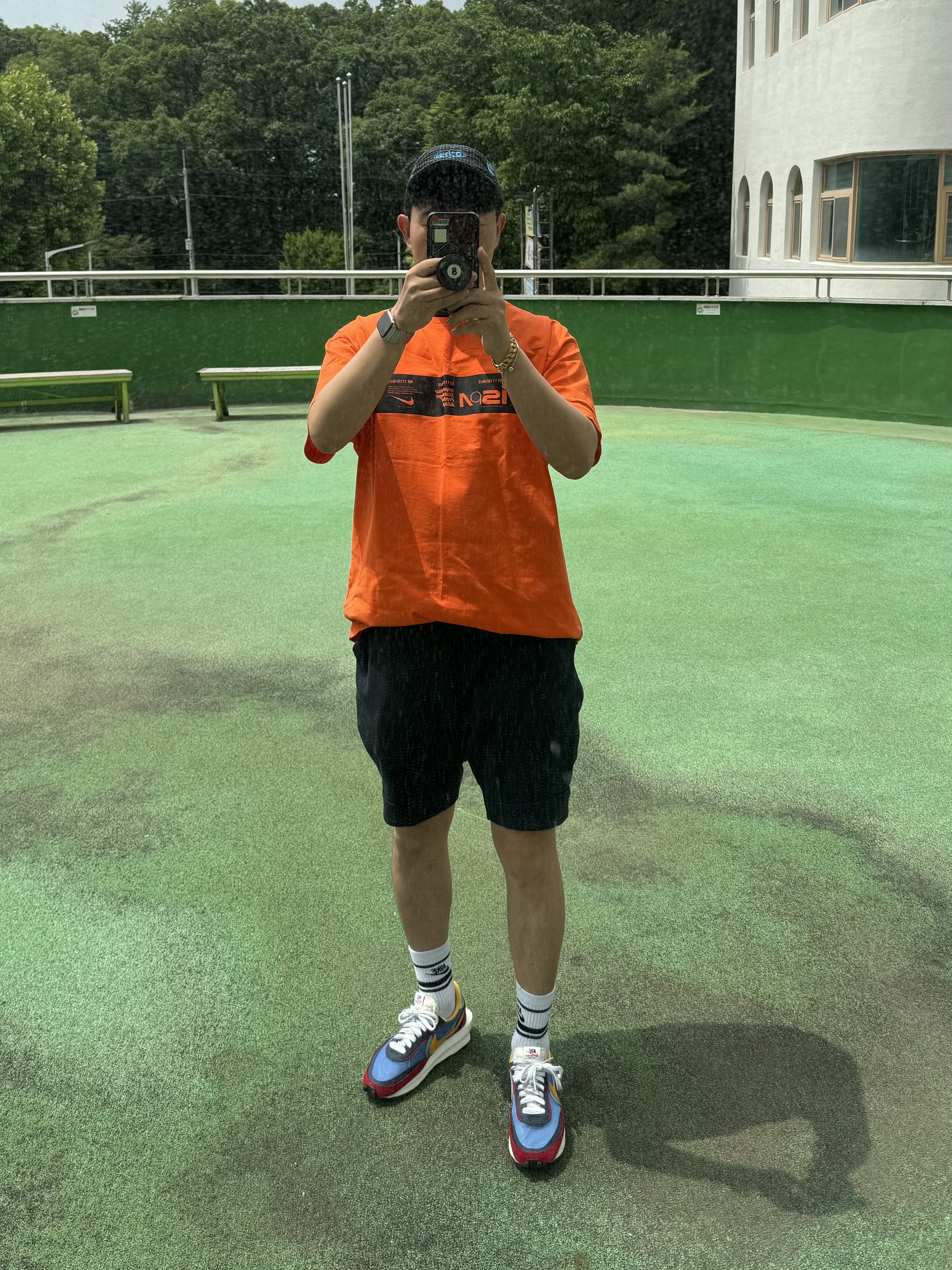 Nike NRG ISPA Graphic T-Shirt Orange, Nike x Off-White NRG Hat Black 착용 스타일 - 1