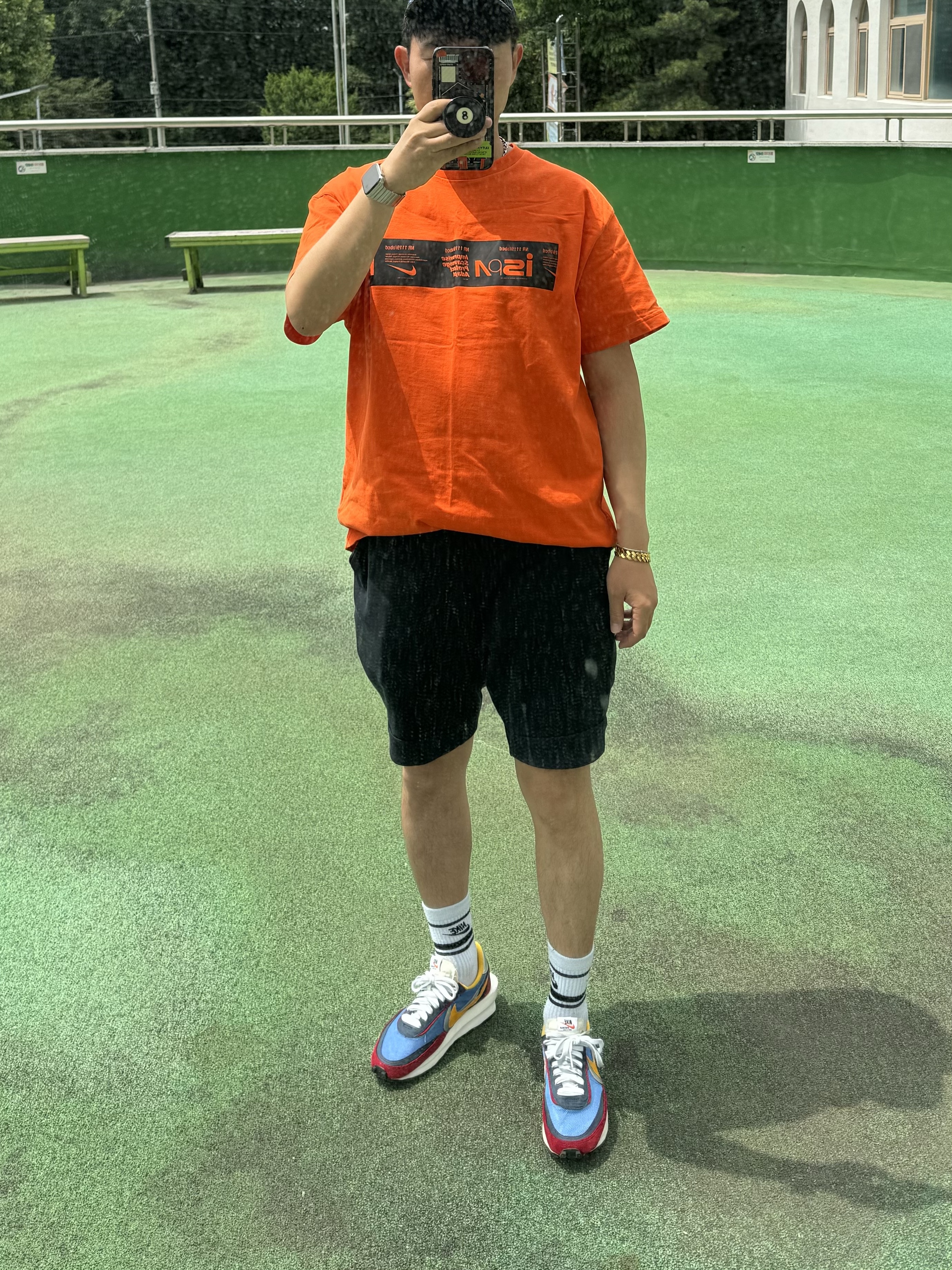 Nike NRG ISPA Graphic T-Shirt Orange, Nike x Off-White NRG Hat Black 착용 스타일 - 3