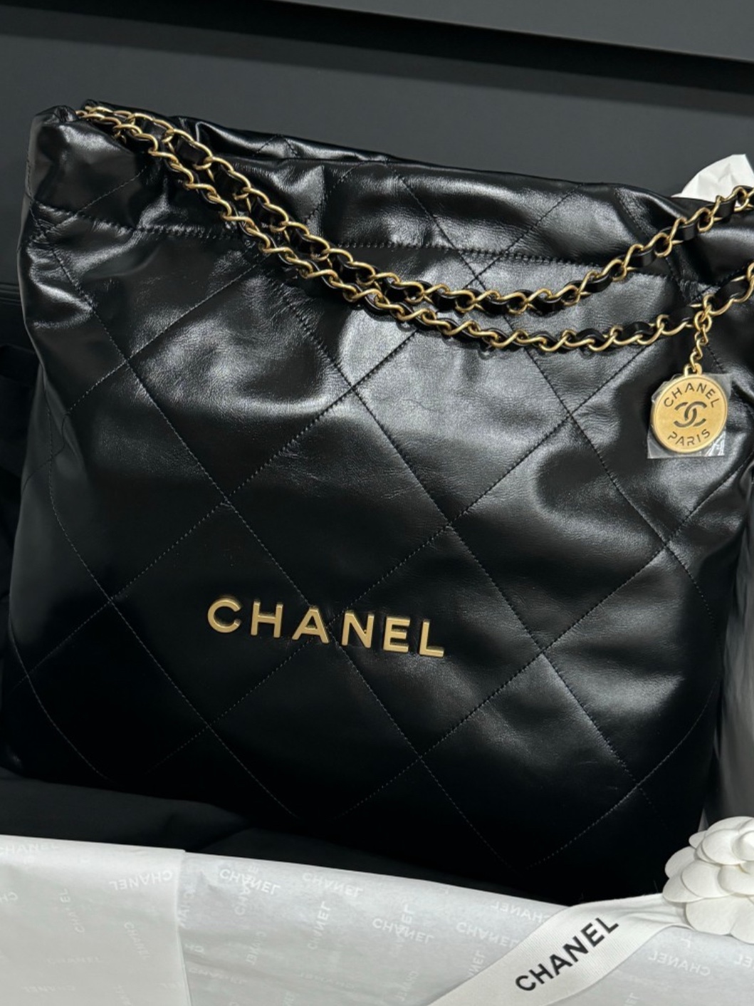 Chanel 22 Medium Handbag Shiny Calfskin & Gold Black, (W) Jordan 1 Elevate High Black Atmosphere 착용 스타일 - 3