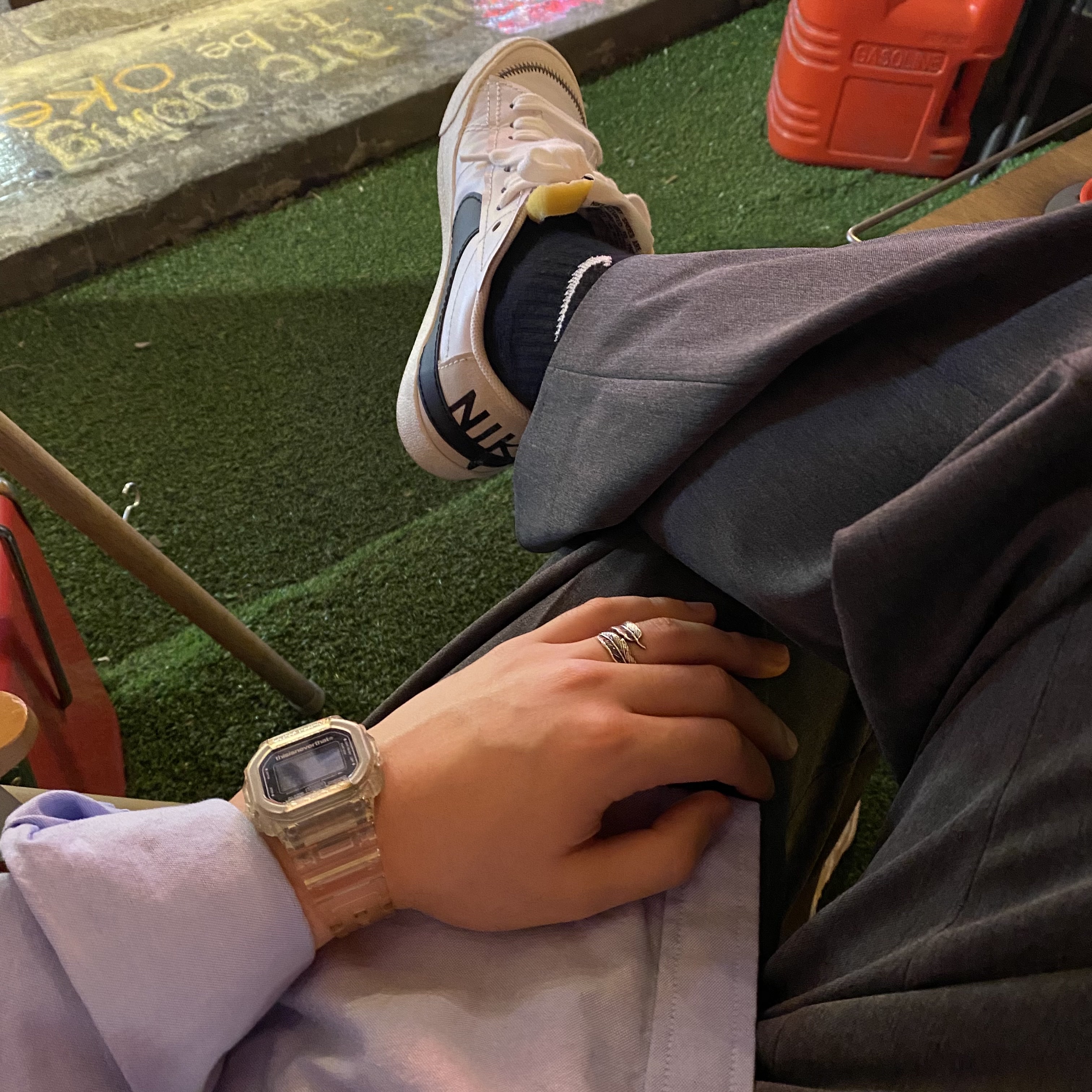 Casio G-Shock x Thisisneverthat DW-5600TINT23-7DF Skeleton, Nike Blazer Low '77 Jumbo White Black 착용 스타일 - 1