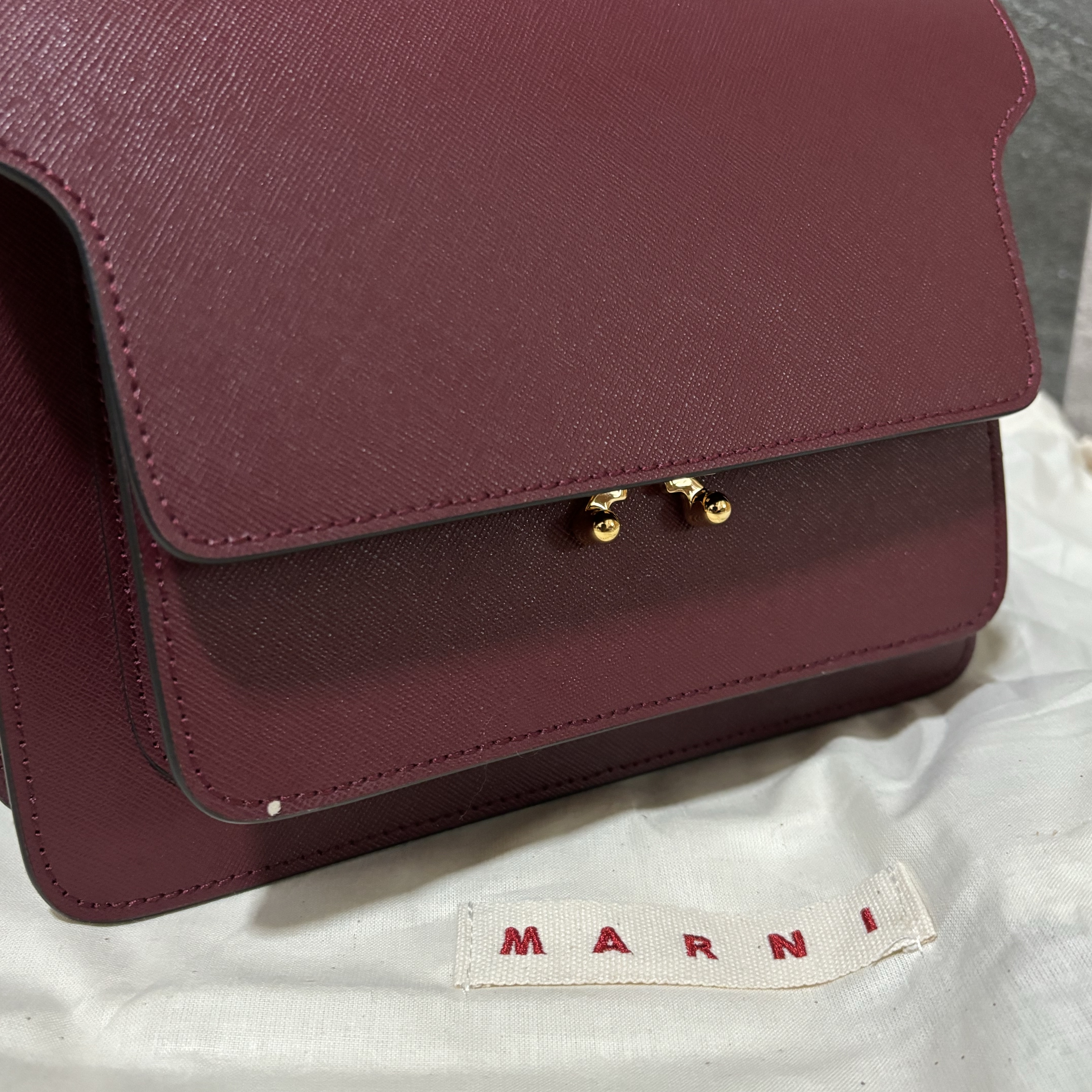 Marni Saffiano Medium Trunk Bag Ruby 착용 스타일