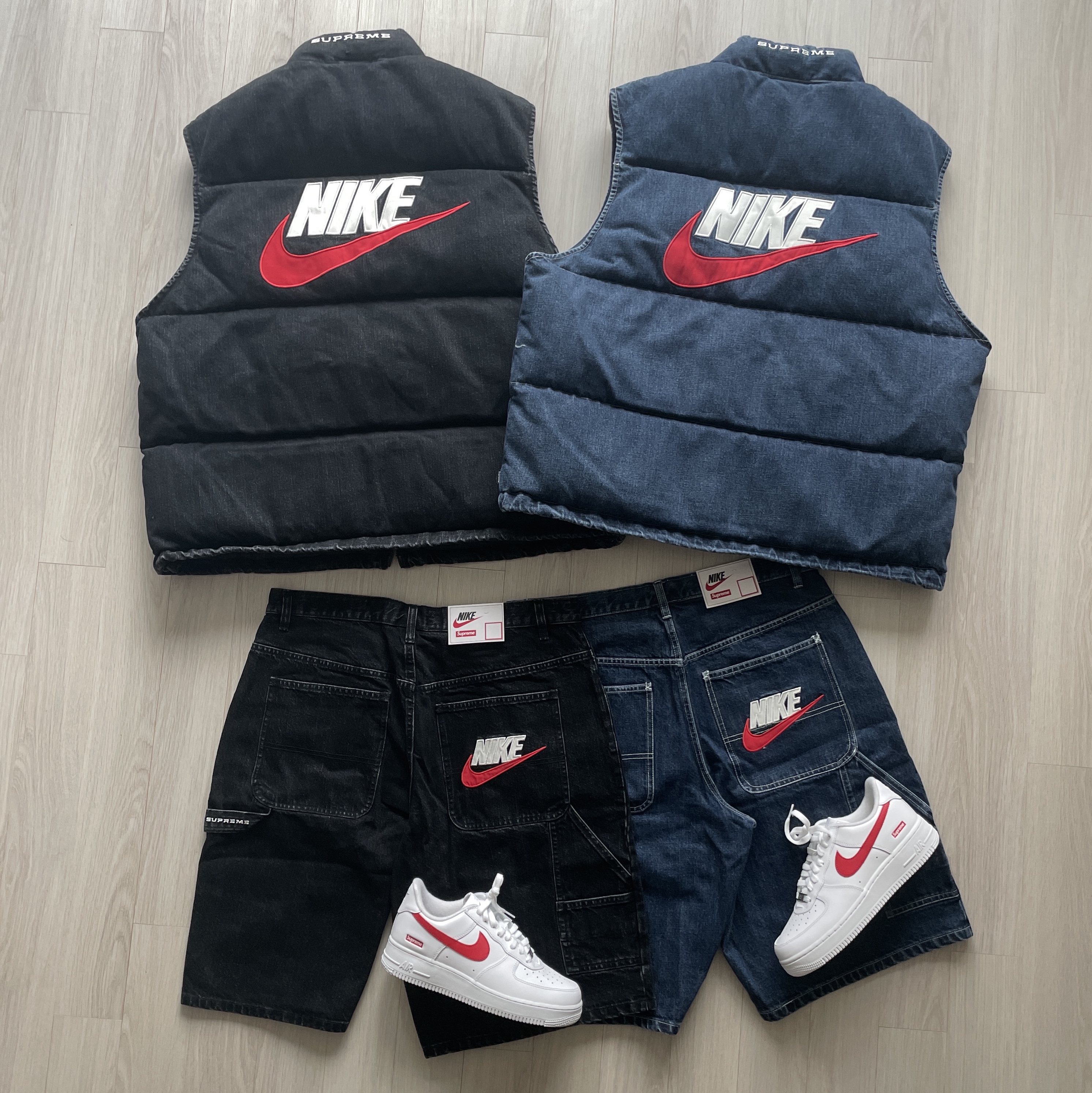 Nike x Supreme Air Force 1 Low White Speed Red - Shanghai Store Exclusive, Supreme x Nike Denim Short Black - 24SS 착용 스타일