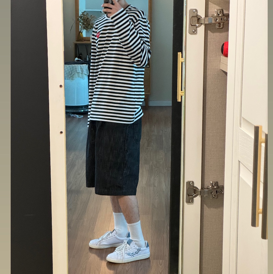 Play Comme des Garcons Striped LS T-Shirt Black White 착용 스타일