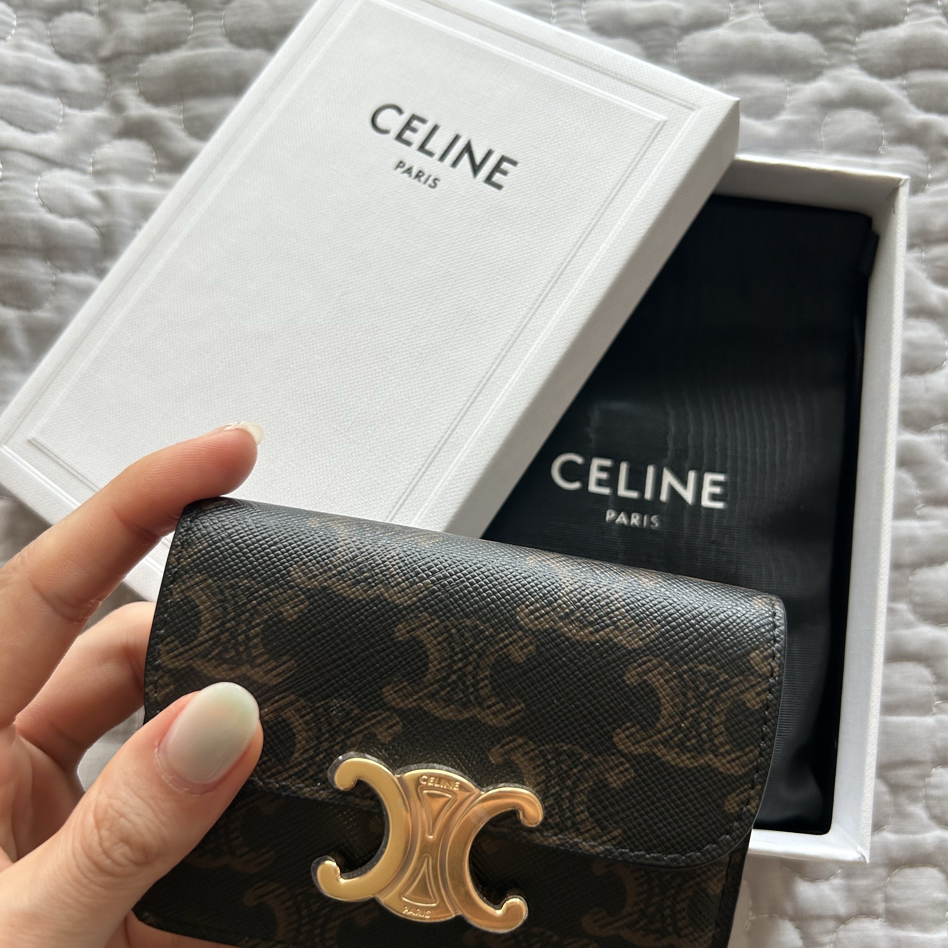 Celine Card Holder with Flap in Triomphe Canvas Tan 착용 스타일