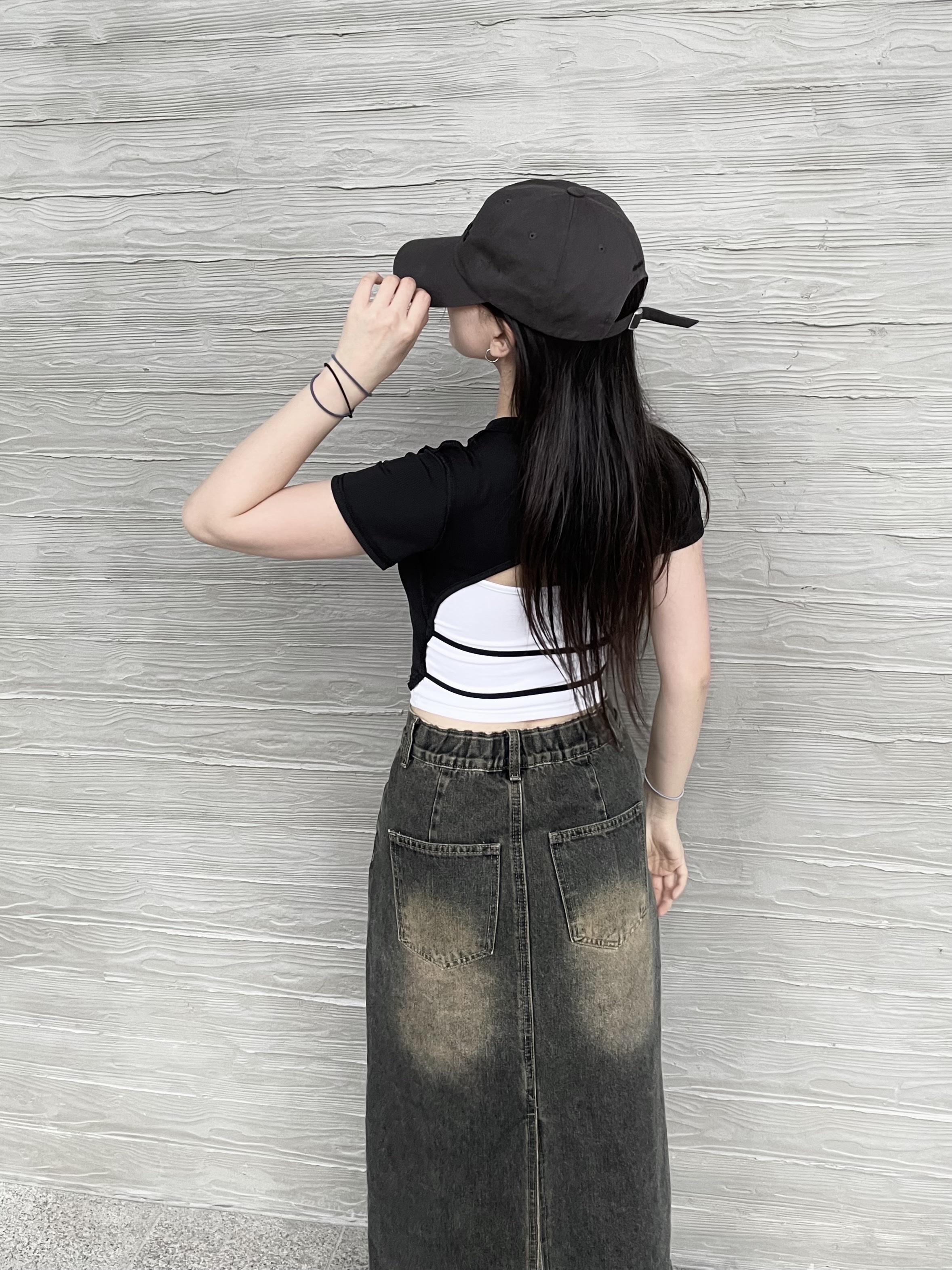Dr. Martens 1460 Nappa Leather Lace Up Boots Black, (W) Matin Kim Jersey Mixed Denim Maxi Skirt Charcoal 착용 스타일 - 2