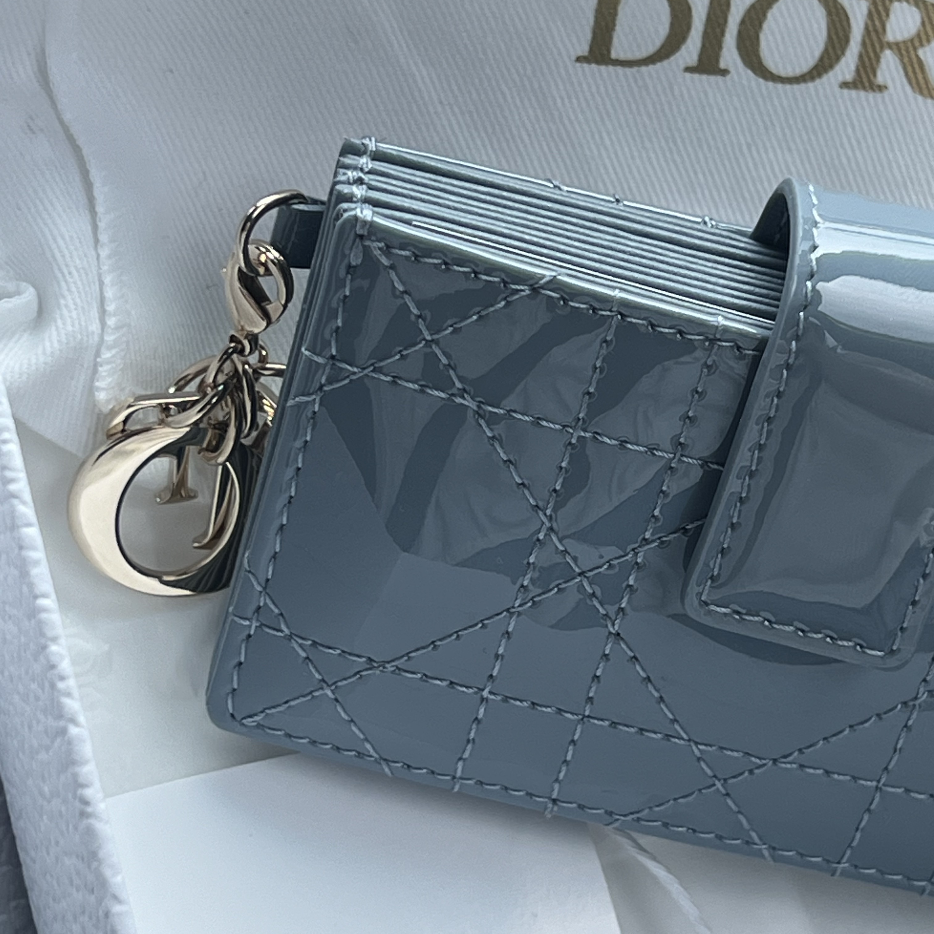 Dior Lady 5-Gusset Card Holder Patent Cannage Calfskin Sky Blue 착용 스타일 - 1