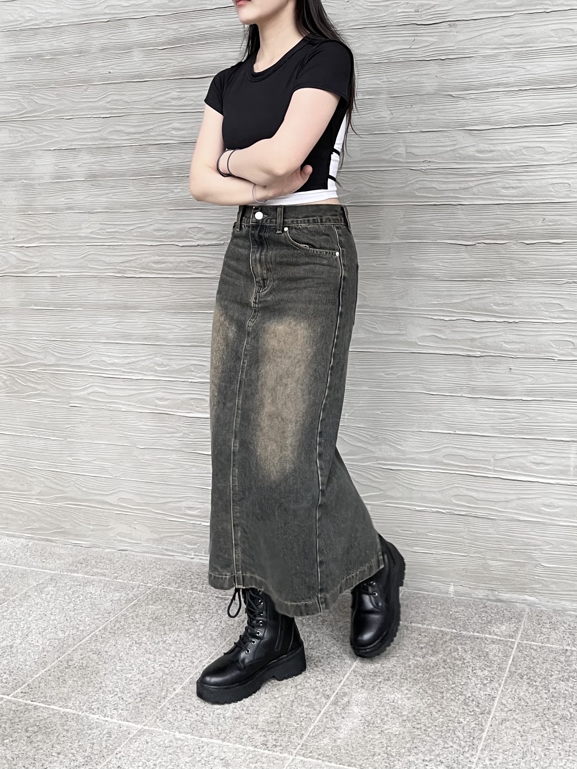 Dr. Martens 1460 Nappa Leather Lace Up Boots Black, (W) Matin Kim Jersey Mixed Denim Maxi Skirt Charcoal 착용 스타일 - 3