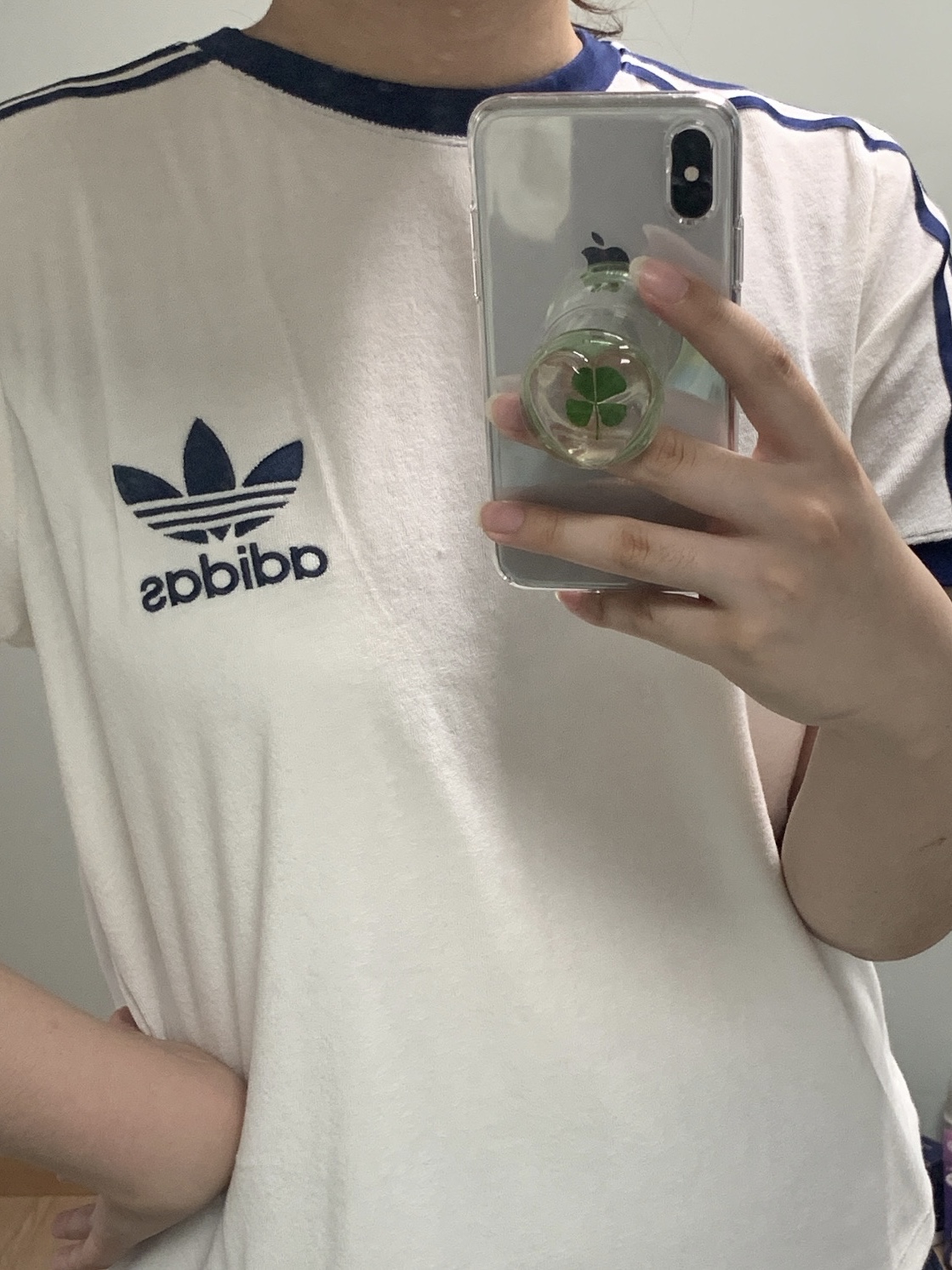 (W) Adidas Terry 3S T-Shirt Off White - KR Sizing 착용 스타일