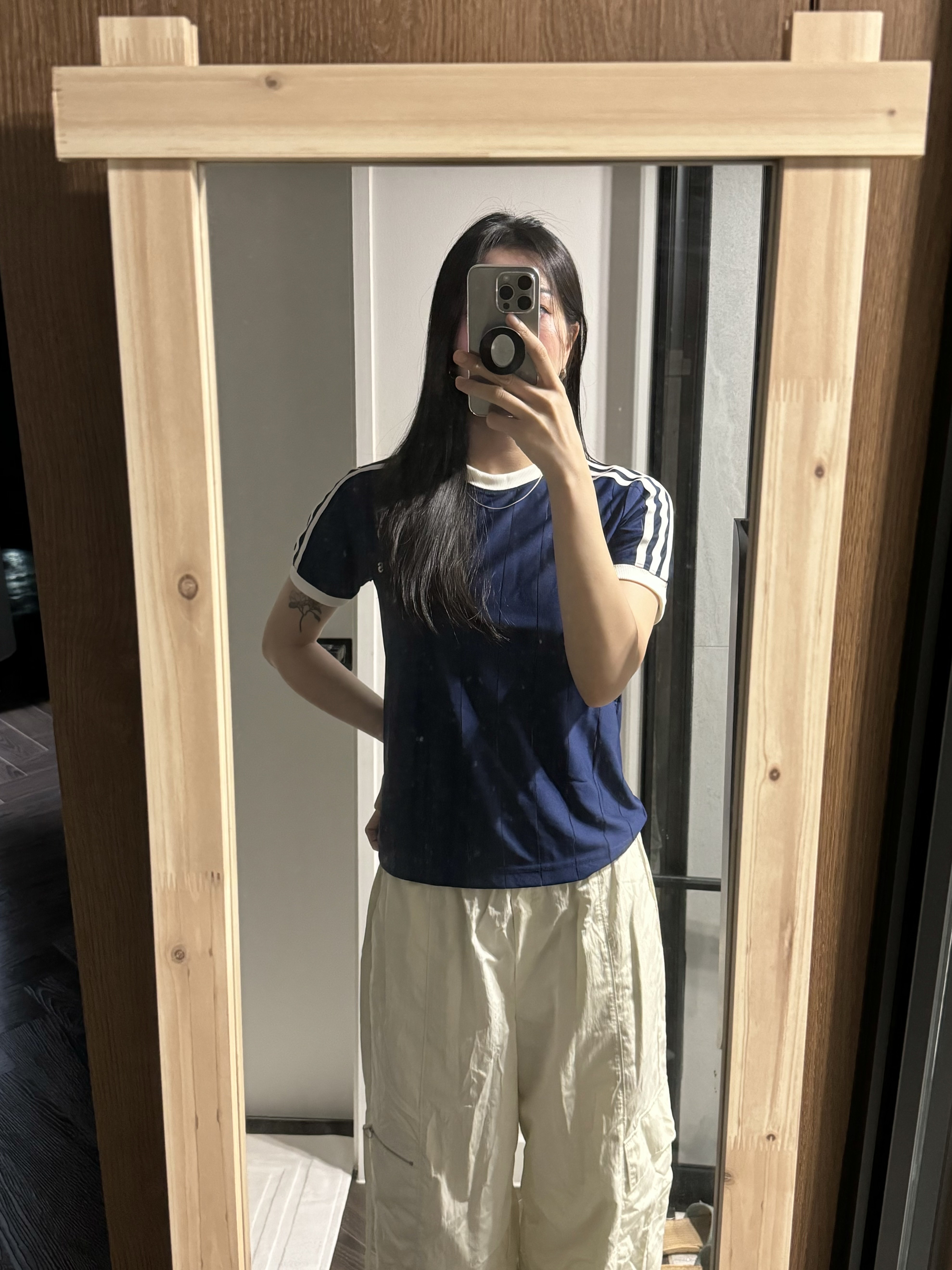 (W) Adidas 3S T-shirt Dark Blue - KR Sizing 착용 스타일