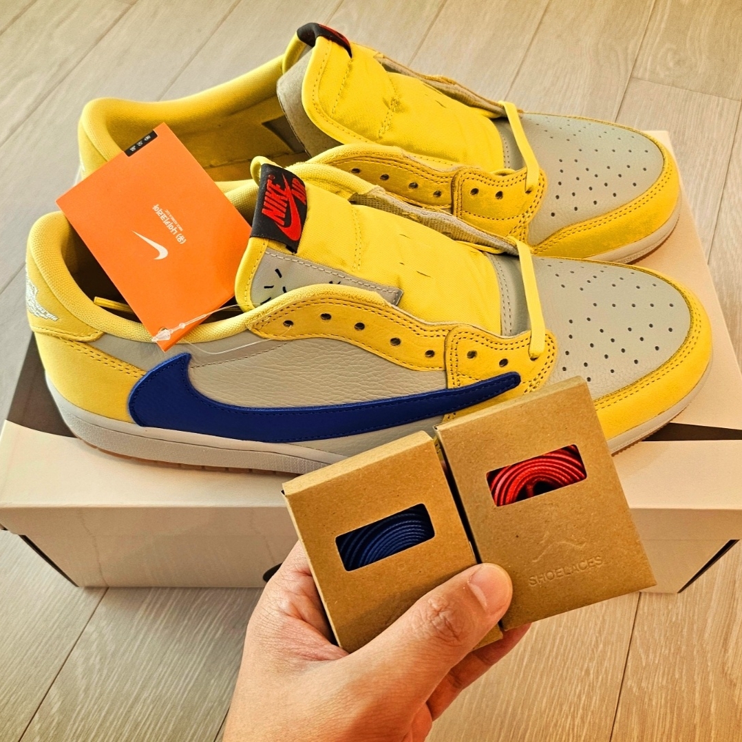 (W) Jordan 1 x Travis Scott Retro Low OG SP Canary 착용 스타일 - 2
