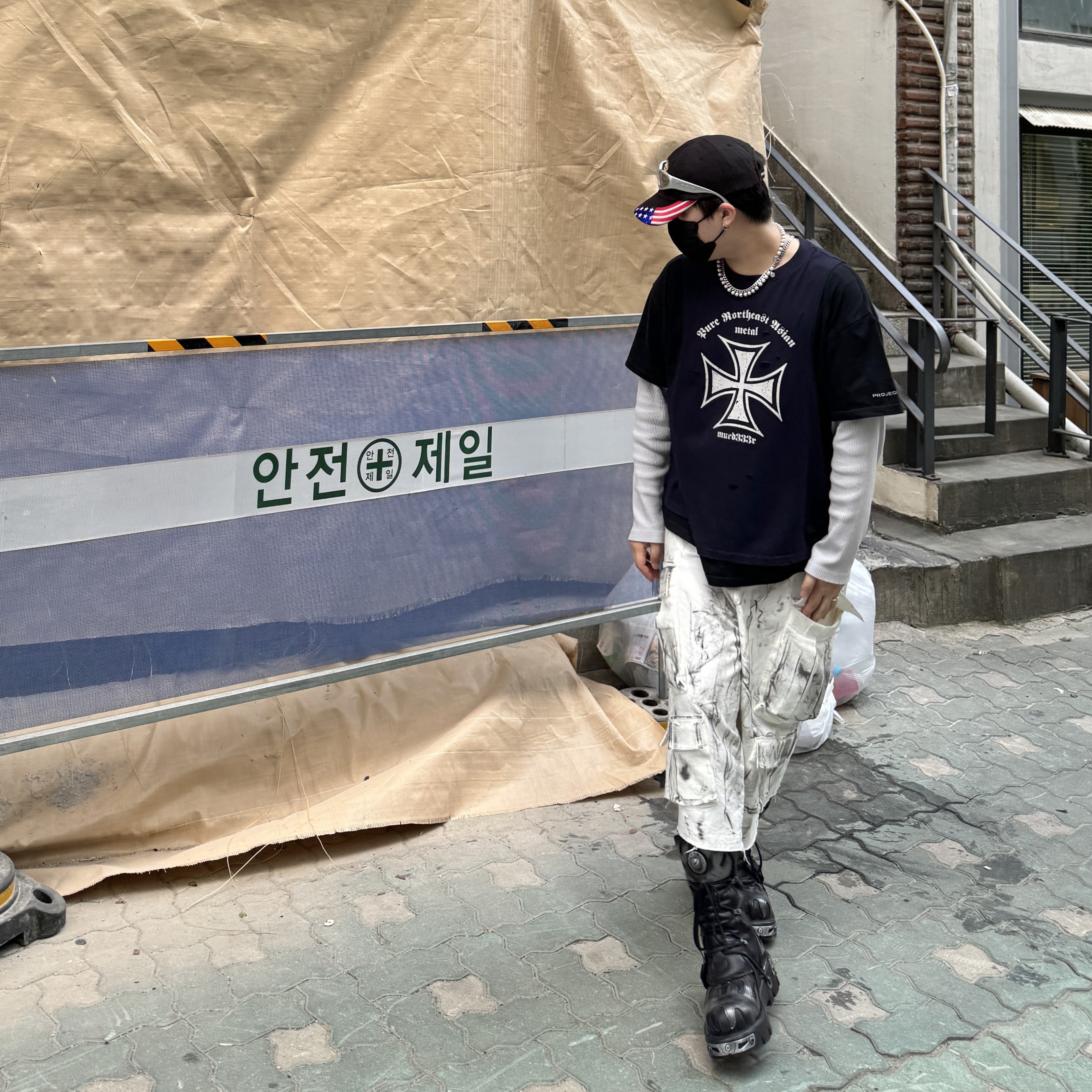 Project G/R x MFM333. 3 Layered Long Sleeve Navy, Project G/R x MFM333. TGS Military Veteran Cap Black 착용 스타일 - 4