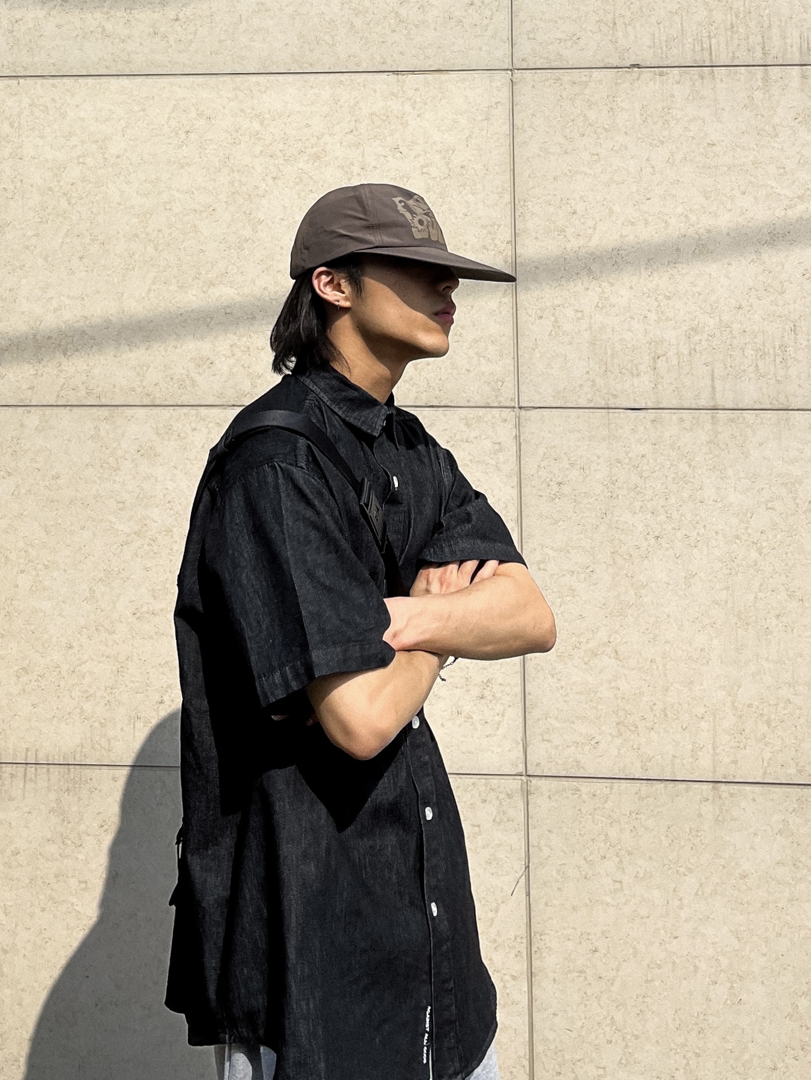 Millo Archive Two Pocket Denim Half Shirts Black 착용 스타일 - 2