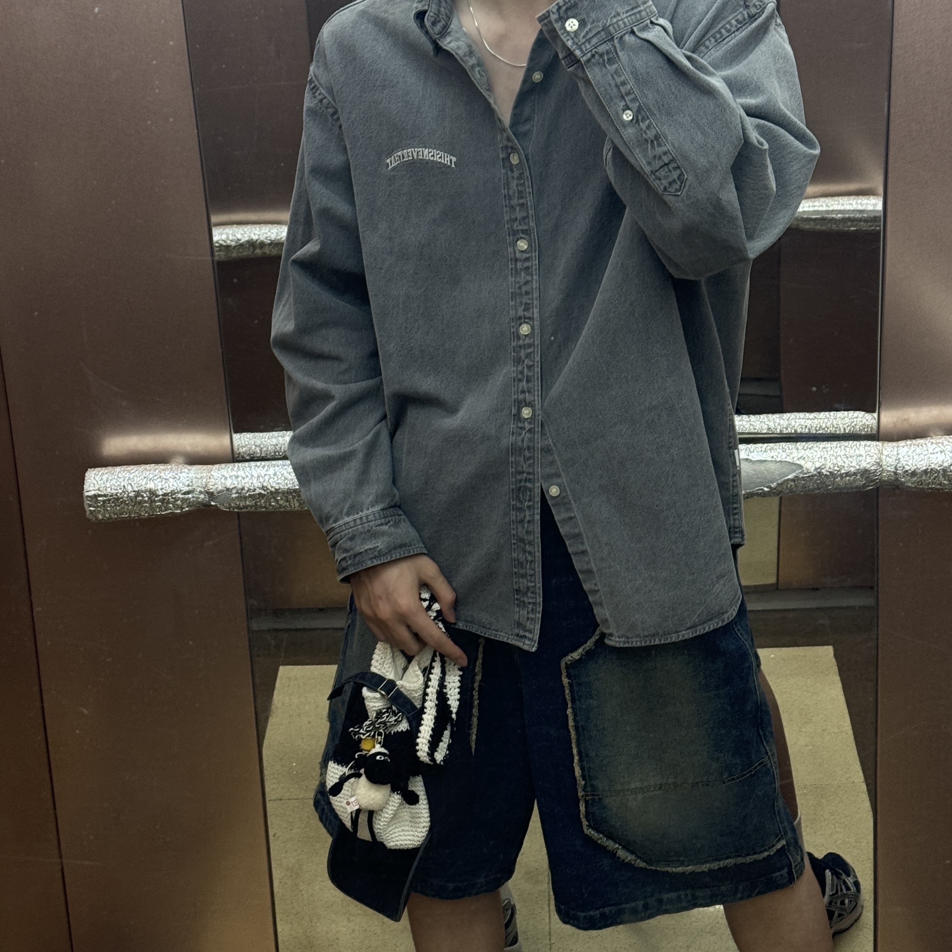 Thisisneverthat Washed Denim Shirt Grey, Asics Gel-1130 French Blue Pure Silver 착용 스타일