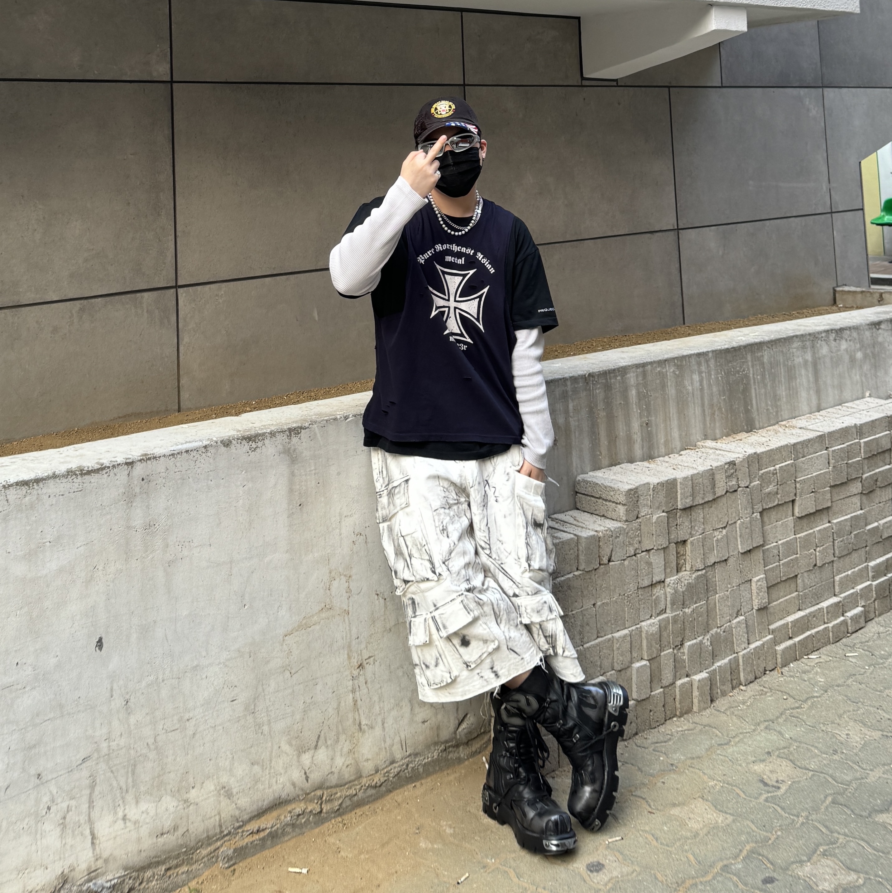 Project G/R x MFM333. 3 Layered Long Sleeve Navy, Project G/R x MFM333. TGS Military Veteran Cap Black 착용 스타일 - 2