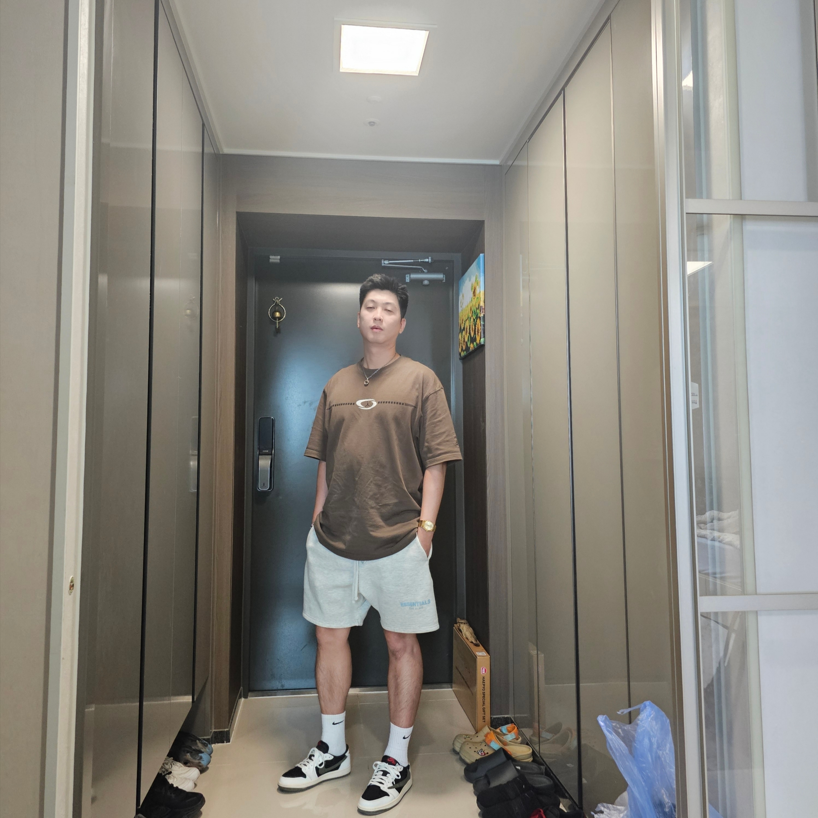 (W) Jordan 1 x Travis Scott Retro Low OG SP Medium Olive, Essentials The Core Collection Sweatshorts Oatmeal 착용 스타일 - 2