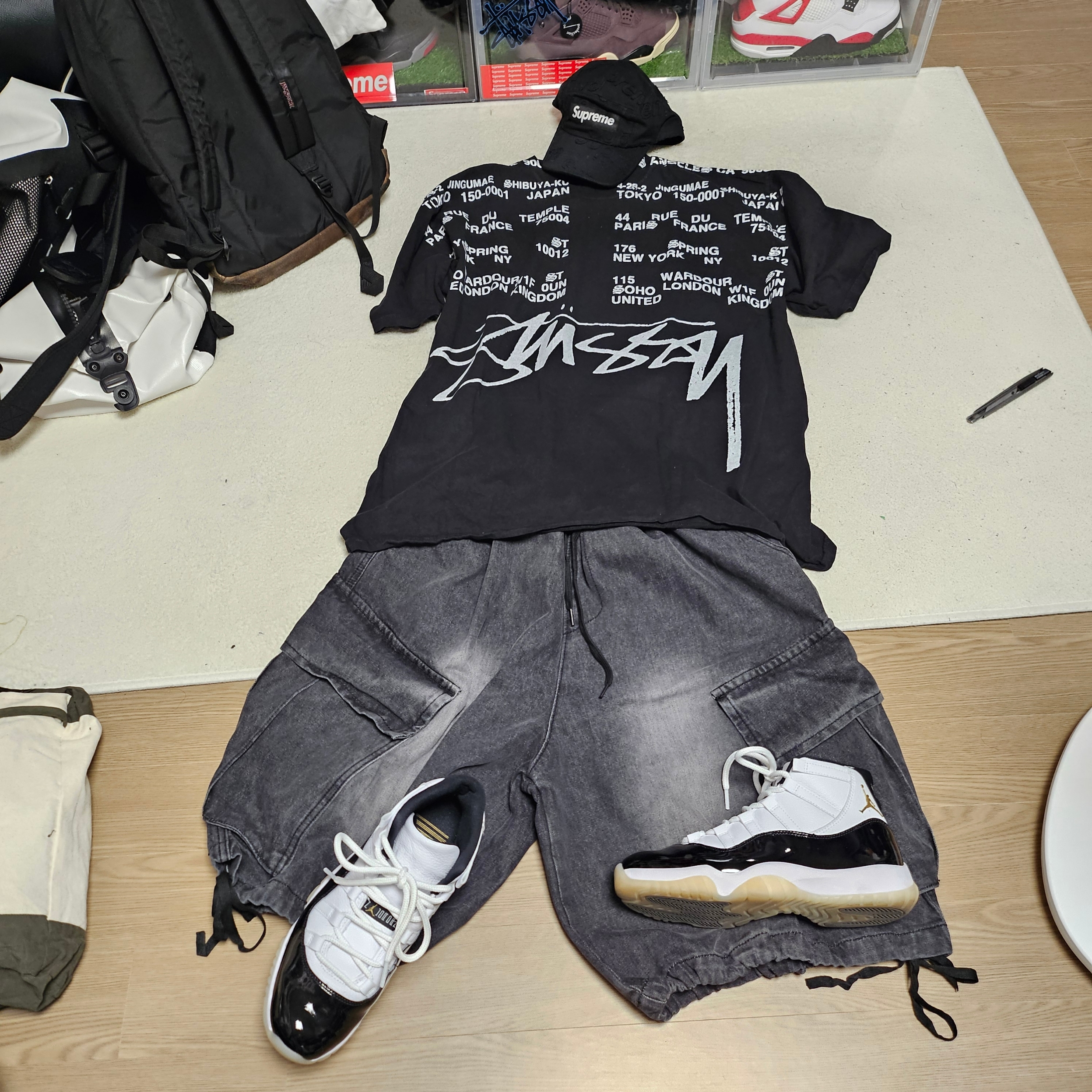 Jordan 11 Retro Gratitude, Supreme Lasered Twill Camp Cap Black - 23SS 착용 스타일