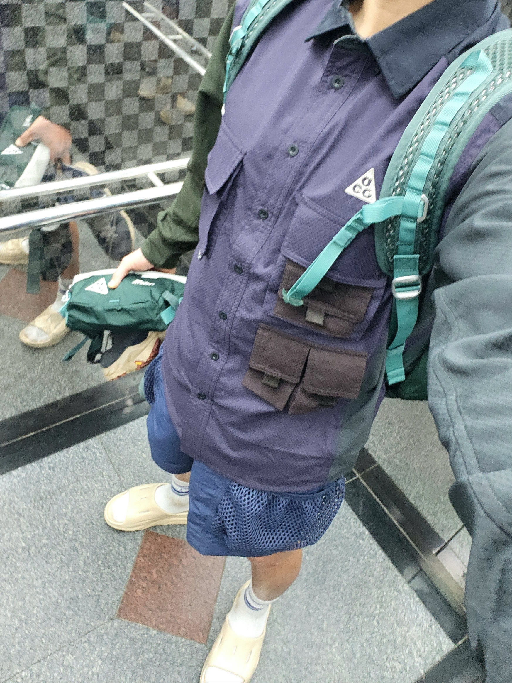 Nike ACG Devastation Trail Work Shirt Cave Purple - Asia, Nike ACG Snowgrass Cargo Shorts Diffused Blue - US/EU 착용 스타일